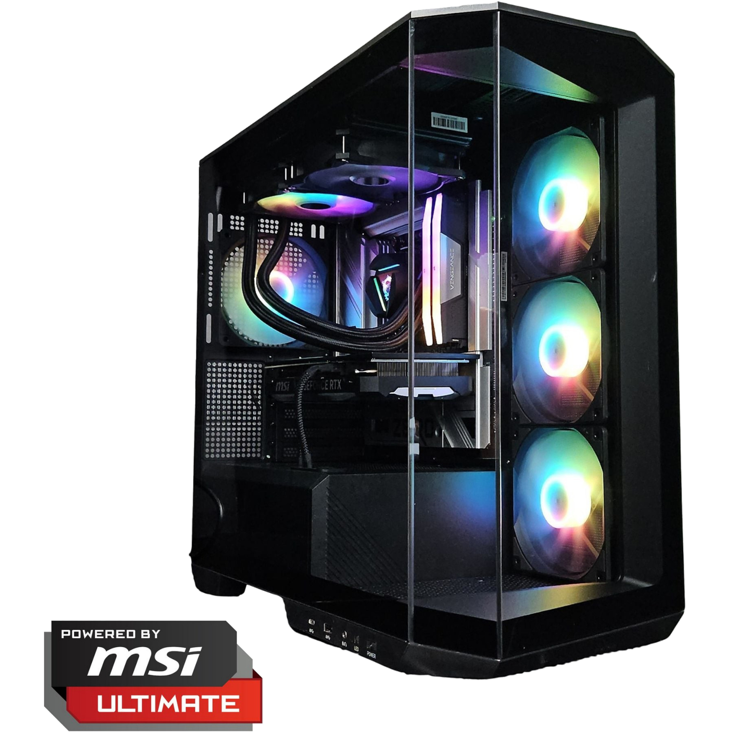 Een zwarte pc-behuizing met RGB-ventilatoren en transparant zijpaneel.