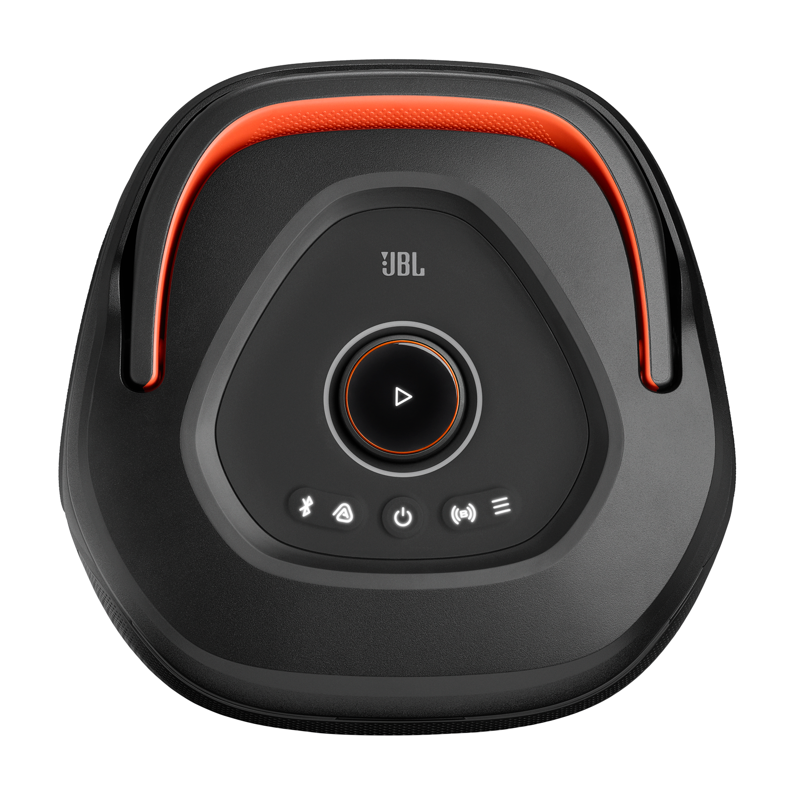 Schwarzer JBL Lautsprecher mit orangen Akzenten und Play-Taste.