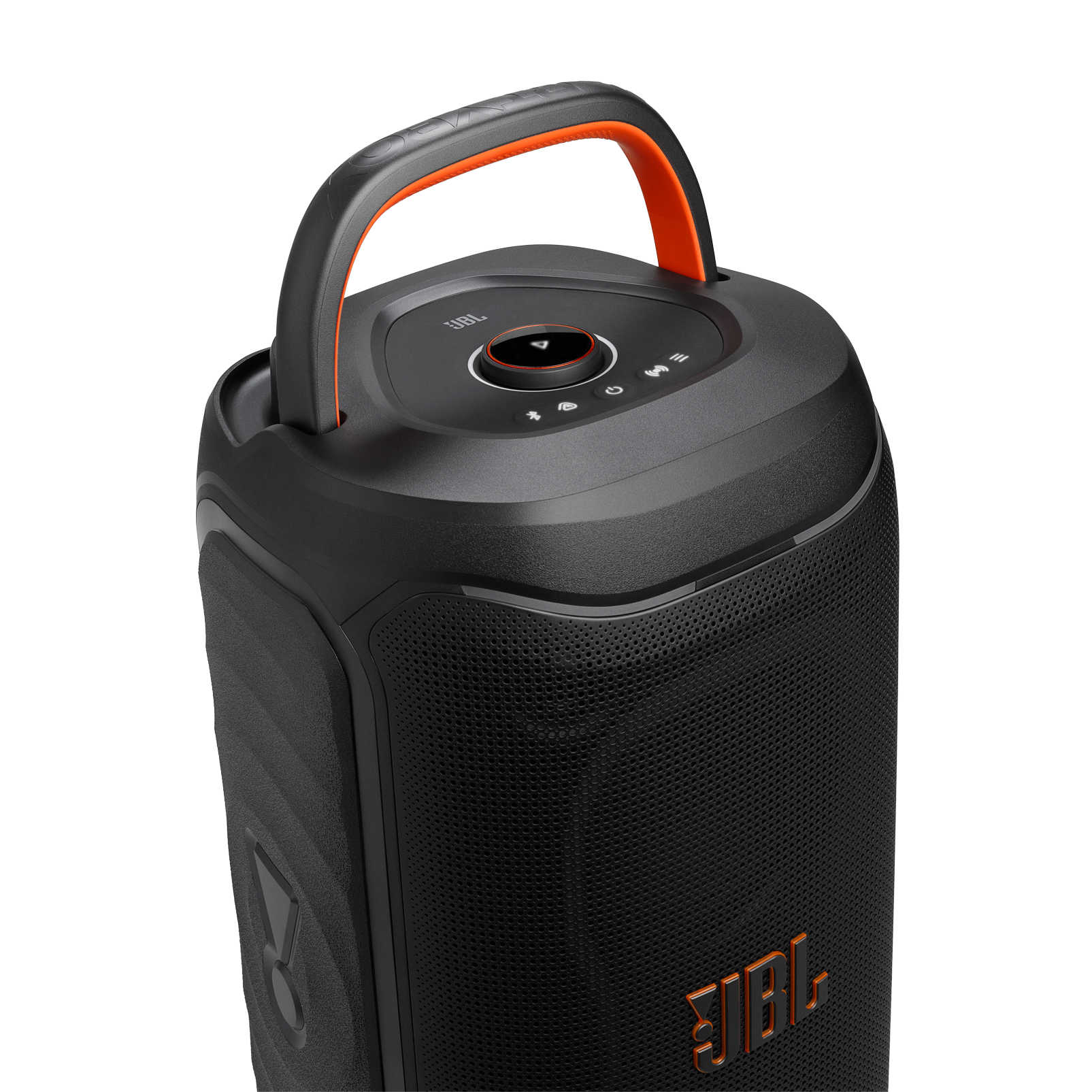 Schwarzer JBL-Lautsprecher mit orangefarbenem Griff und Bedienelementen.