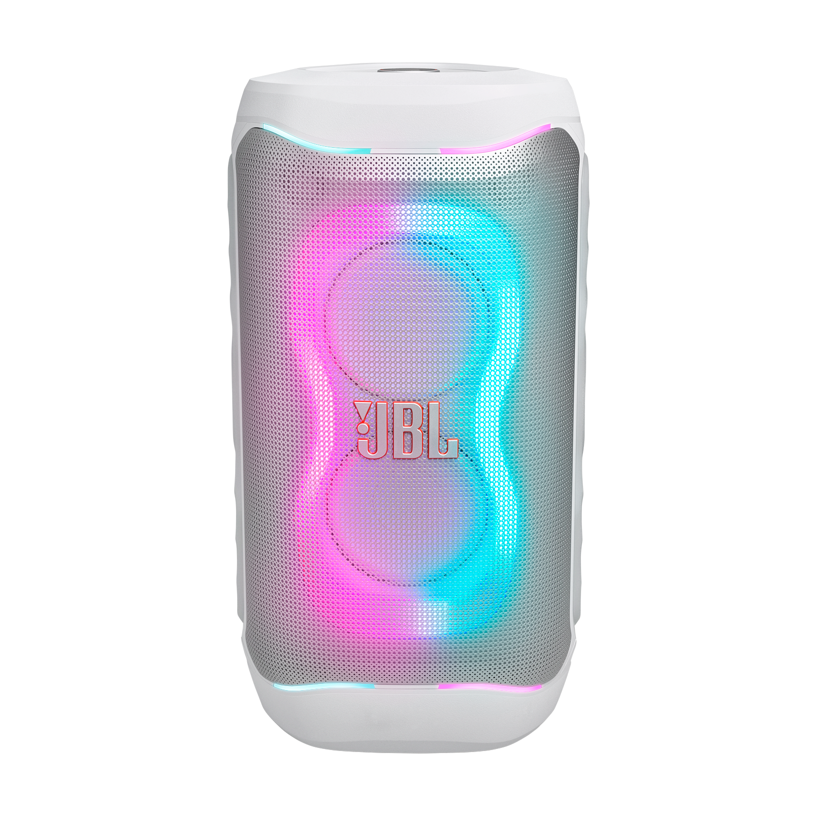 Ein weißer JBL-Lautsprecher mit rosa und blauen Lichtern.