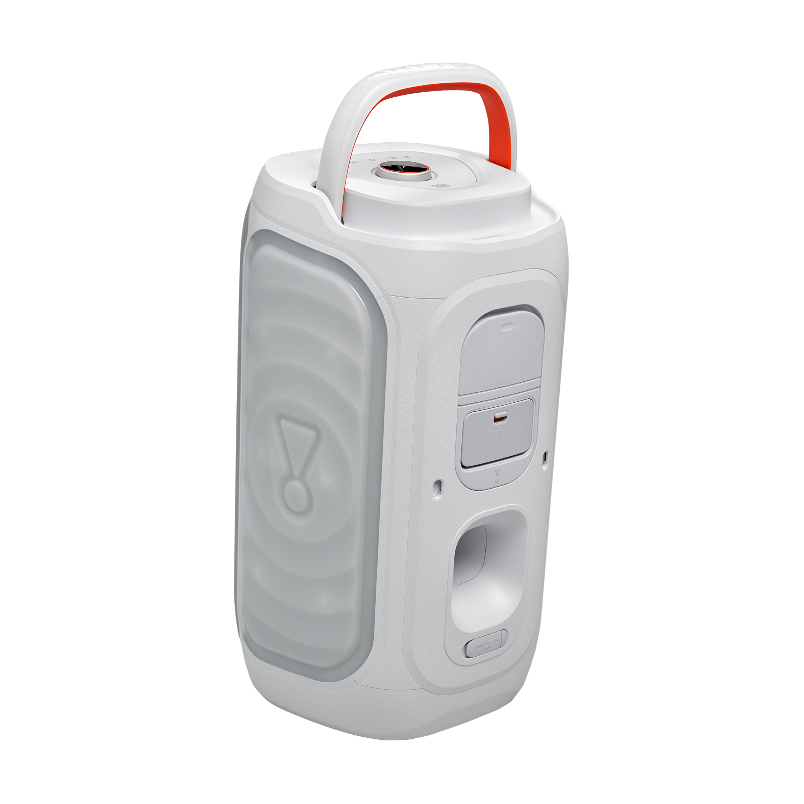 Ein weißer tragbarer Lautsprecher mit orangefarbenem Griff und JBL-Logo.