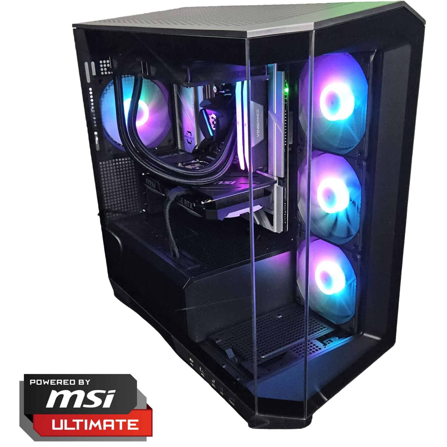 Tour PC noire avec éclairage RVB sur les ventilateurs et composants.