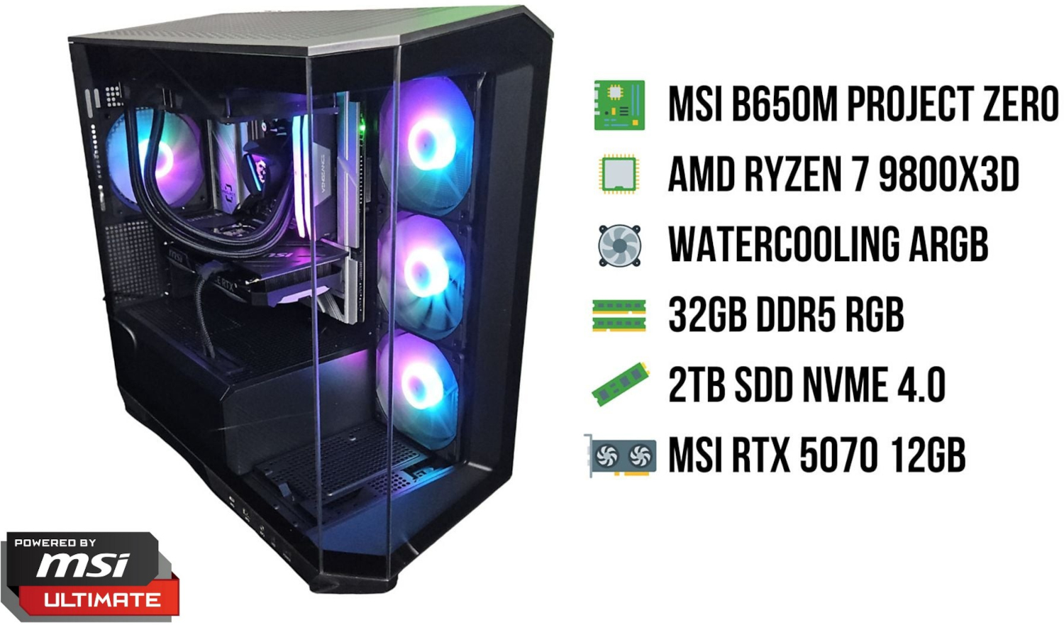 Un PC gamer avec ventilateurs RGB, watercooling et logo MSI. Spécifications listées.