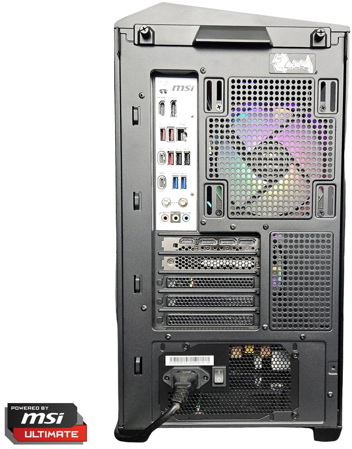 Vue arrière d'une tour PC montrant les ports, le ventilateur avec lumières RVB et l'alimentation.