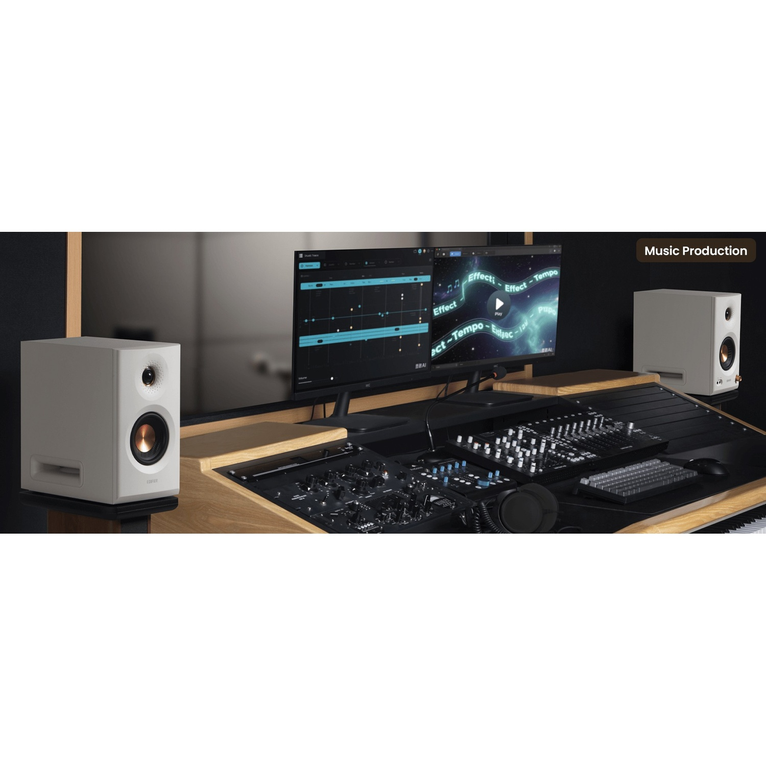 Un setup da studio con altoparlanti, mixer, monitor e tastiera.