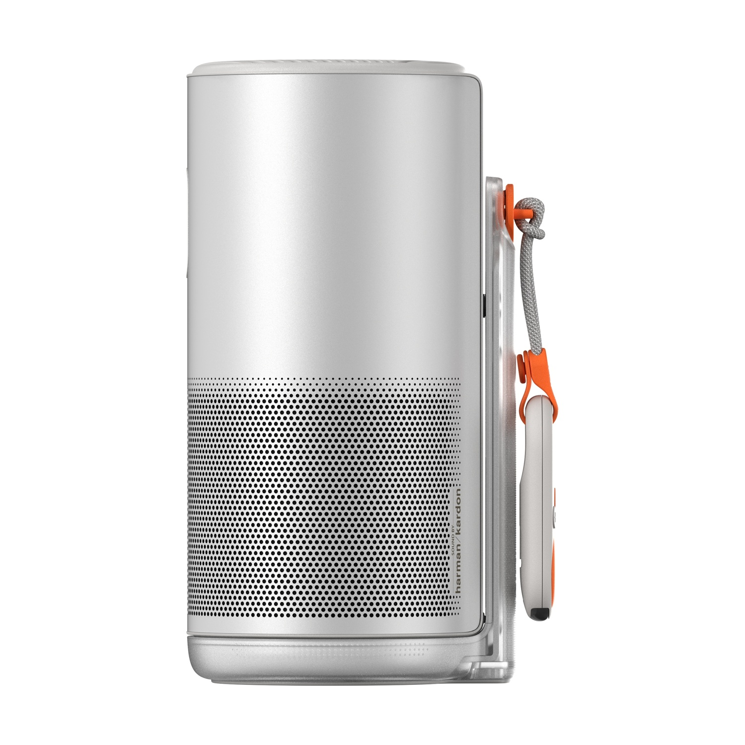 Altoparlante Harman Kardon argentato con cinturino arancione e telecomando.