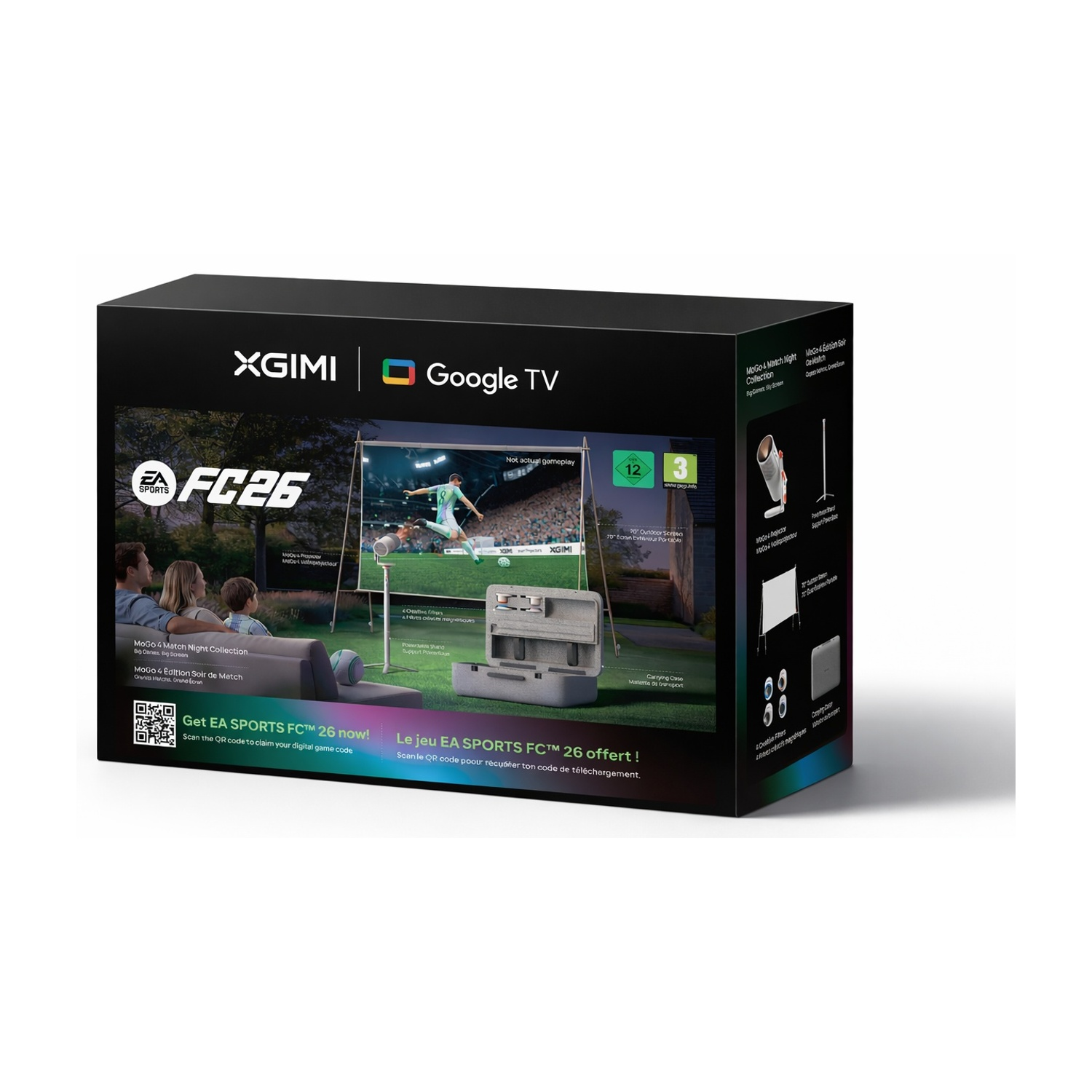 Confezione XGIMI con EA SPORTS FC26, proiettore, schermo e accessori.