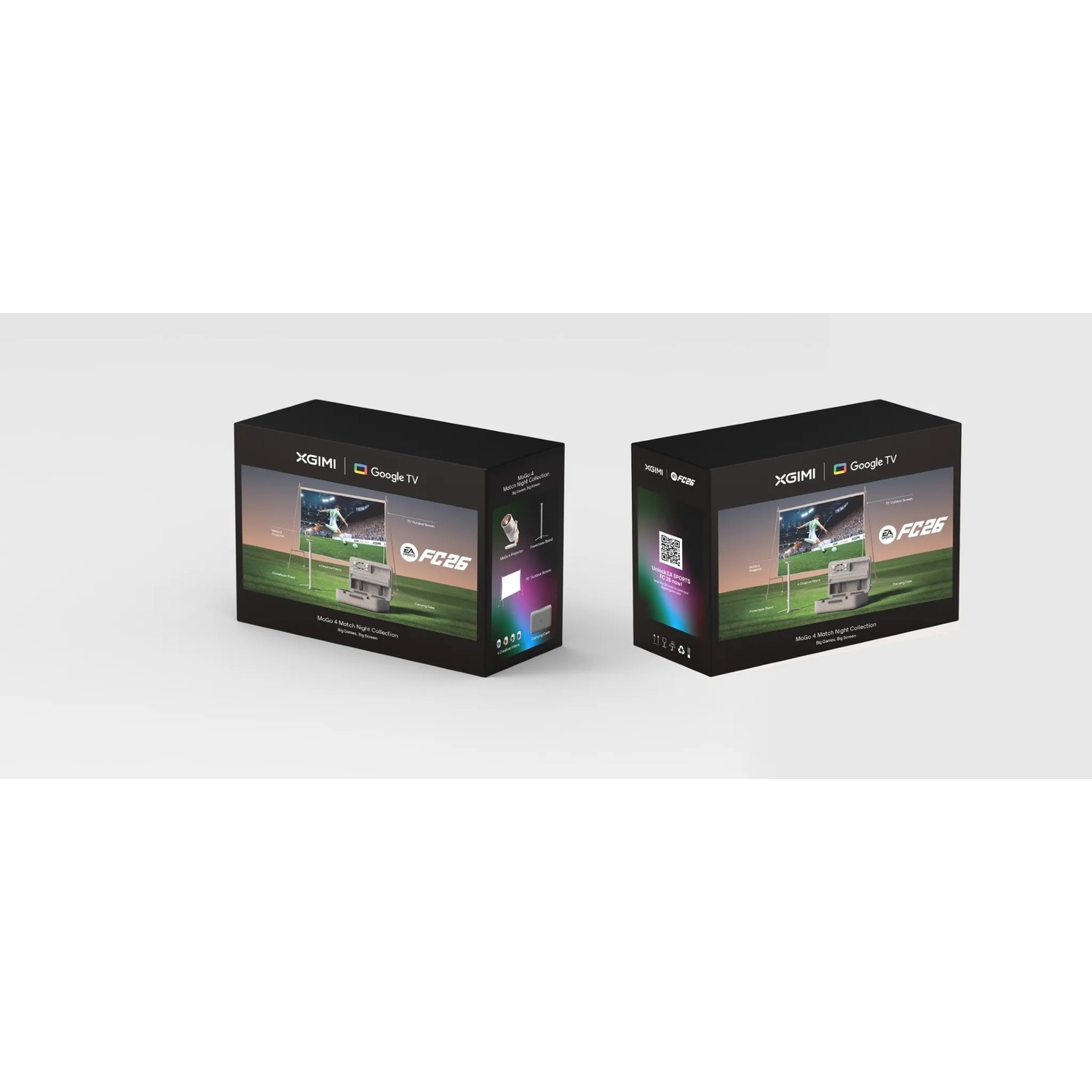 Due scatole XGIMI Google TV con grafica di calcio e baseball, FC26.