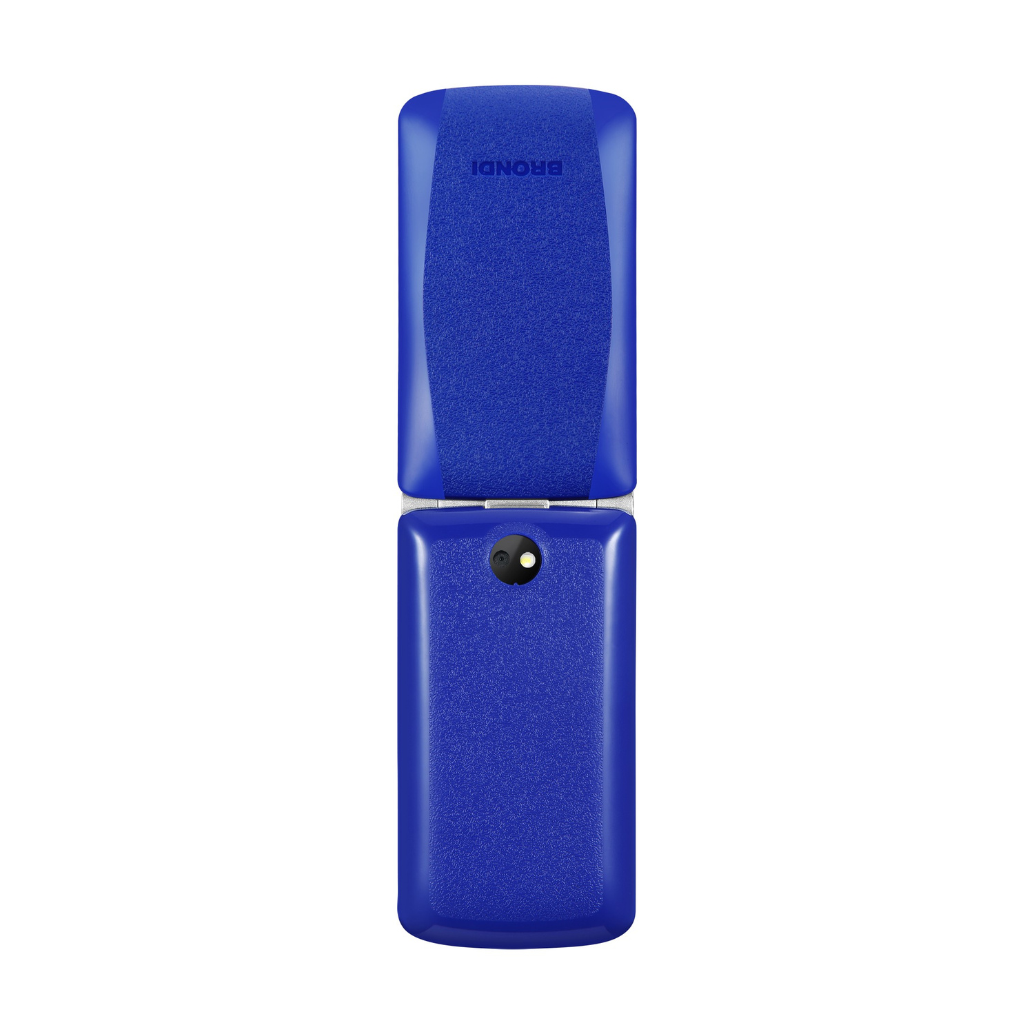 Un telefono a conchiglia blu reale aperto con logo sulla parte superiore.