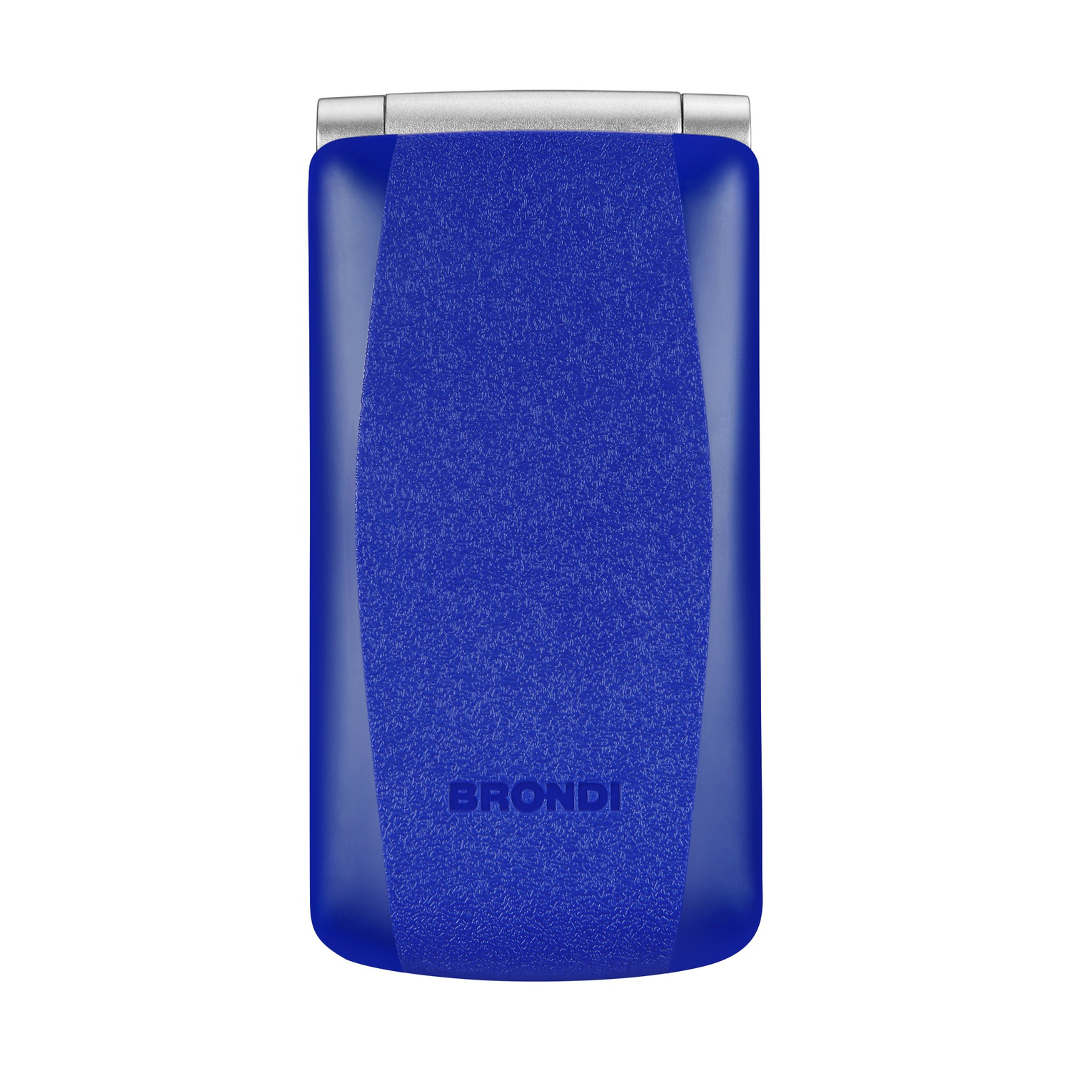 Un telefono a conchiglia Brondi blu con cerniere argentate, fronte testurizzato.