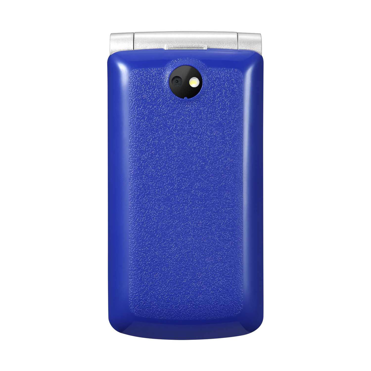 Un telefono a conchiglia blu con fotocamera posteriore, su sfondo bianco.