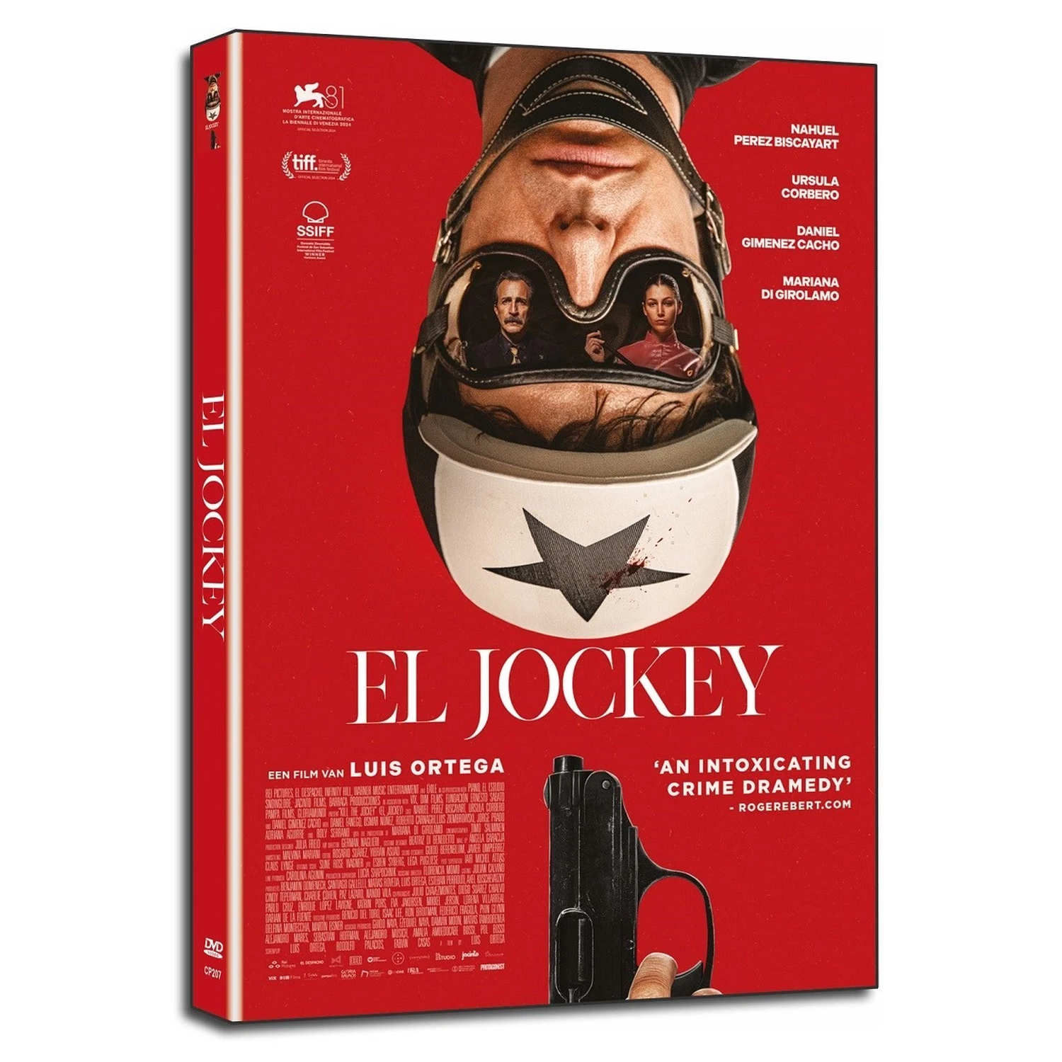 Film poster voor 'El Jockey' met een man in helm en een pistool.
