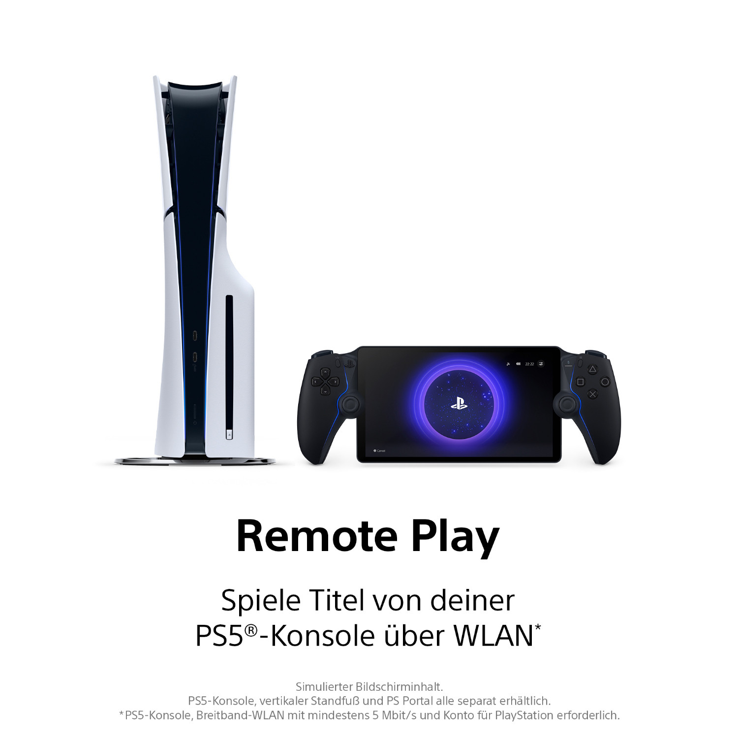 Weiße PS5-Konsole und ein schwarzer Controller mit Bildschirm. Text: Remote Play.