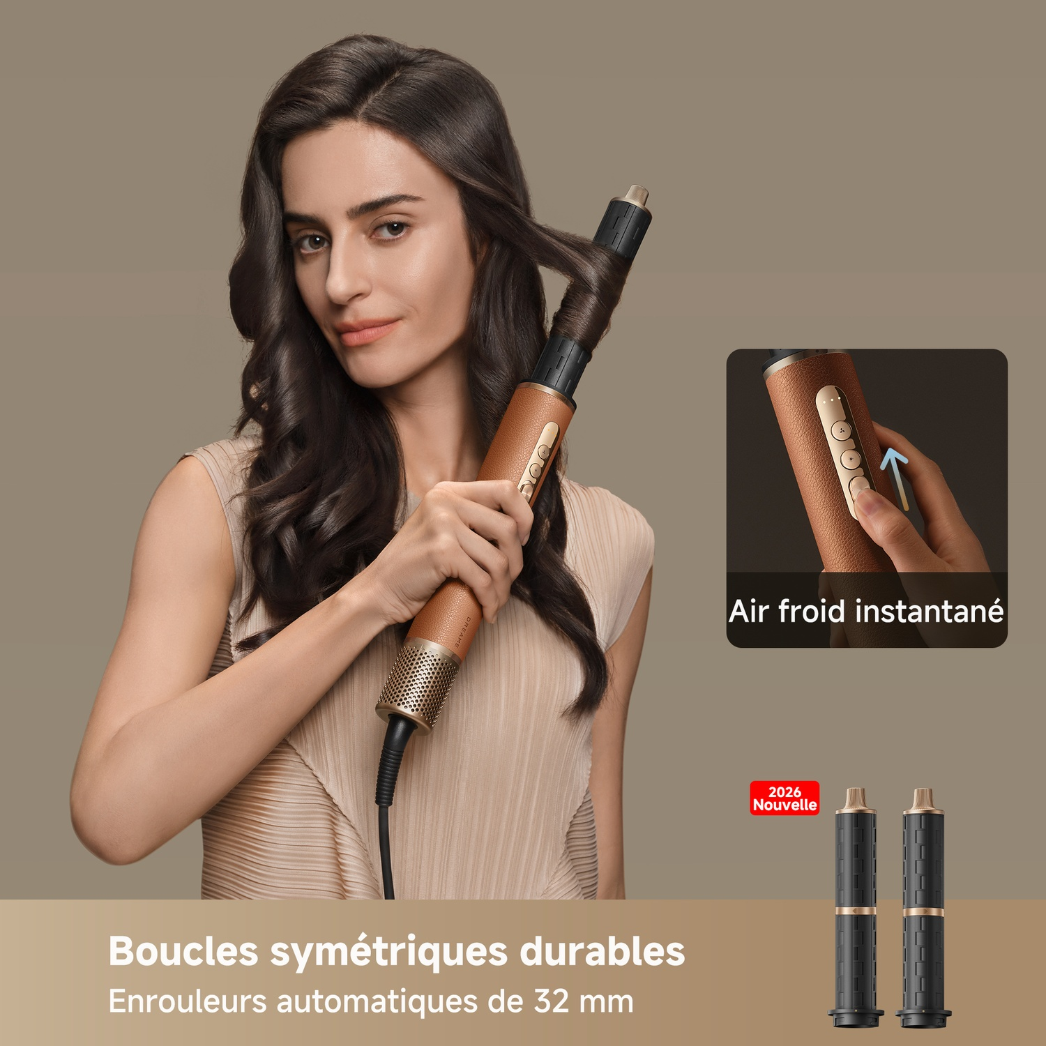 Woman with brown hair using an automatic curling iron for symmetrical curls.