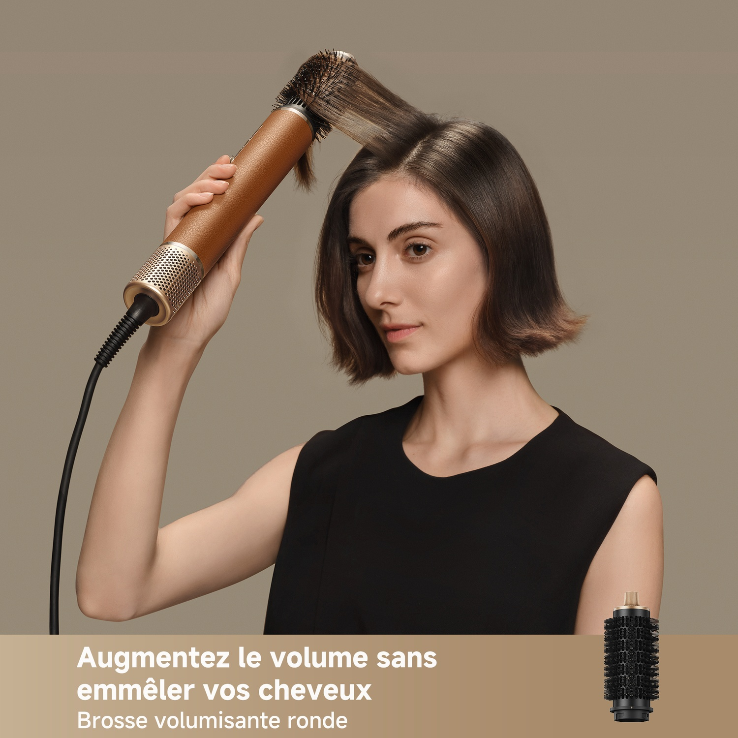 A woman styles her hair with a brown volumizing hot brush.
