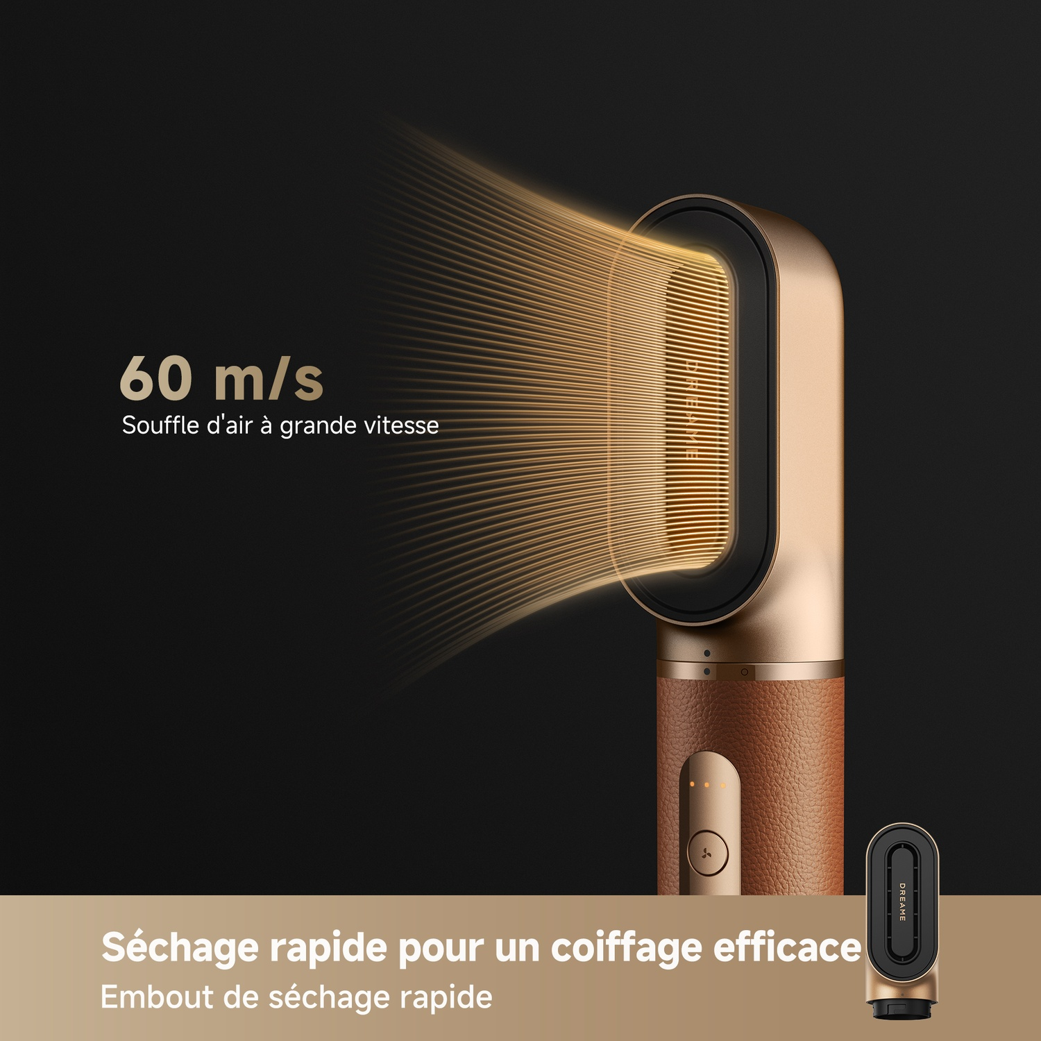 A gold hairdryer with a brown handle, showing a 60 m/s airflow.