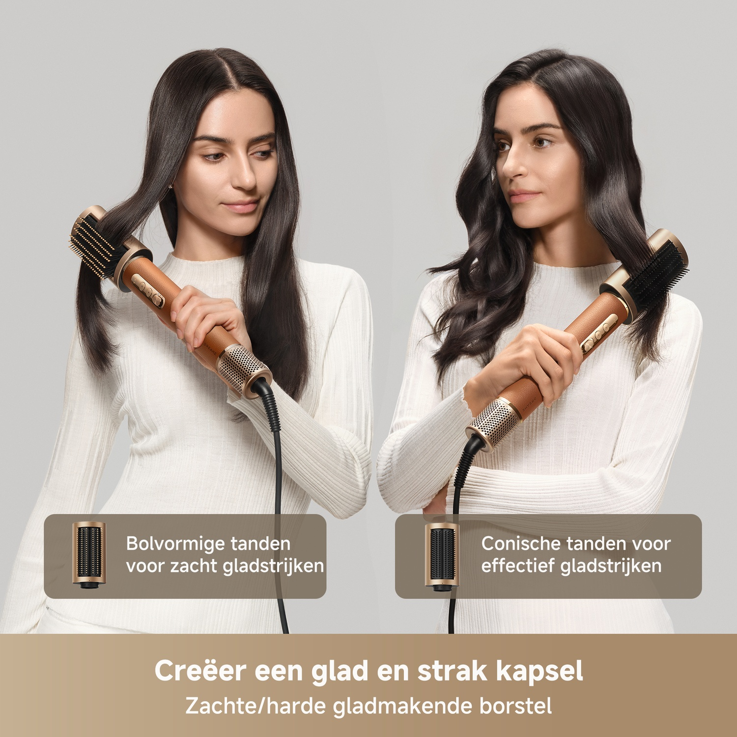 Two women styling hair with a hot brush. One has rounded bristles, the other conical.