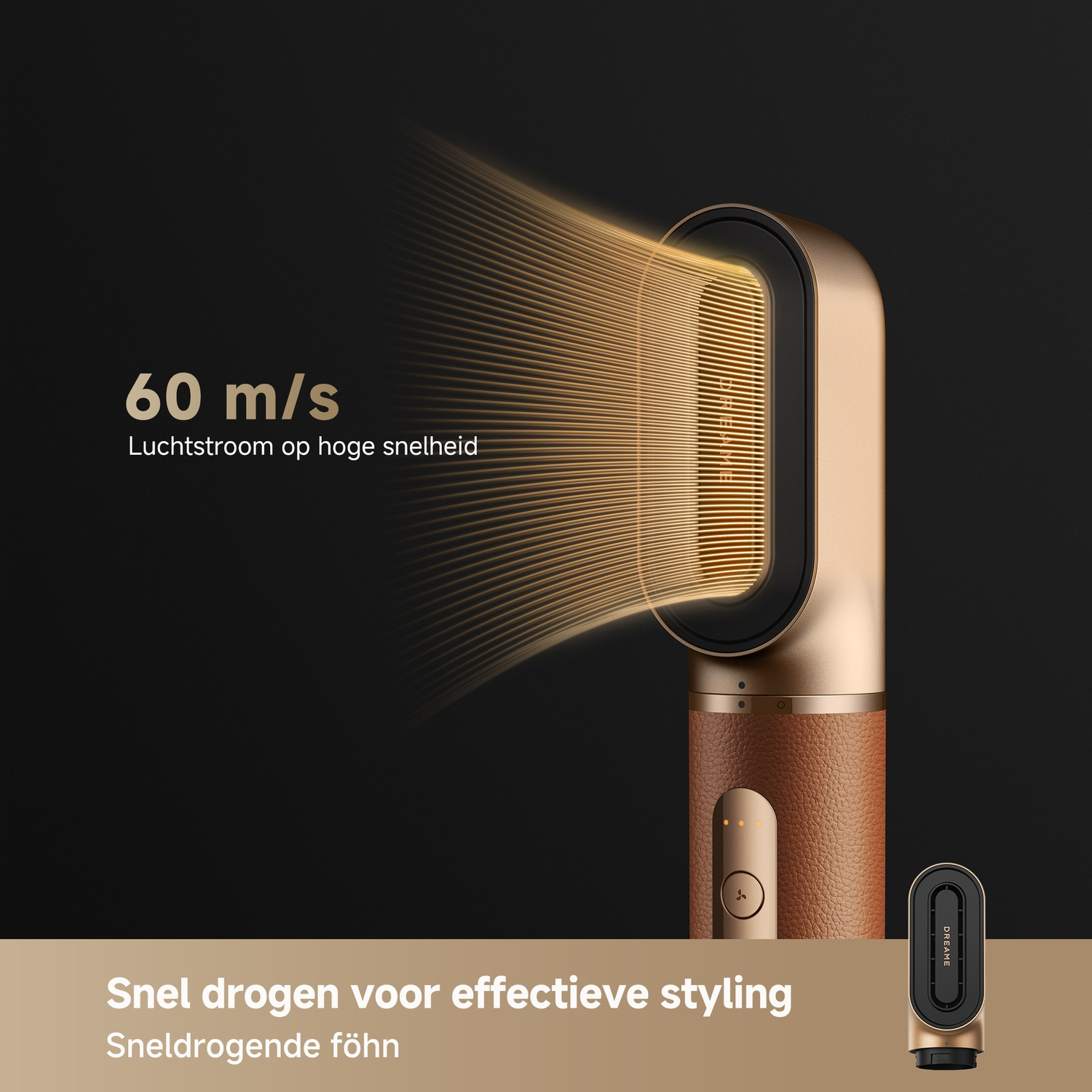 Gold hair dryer with strong airflow (60 m/s) for fast styling.