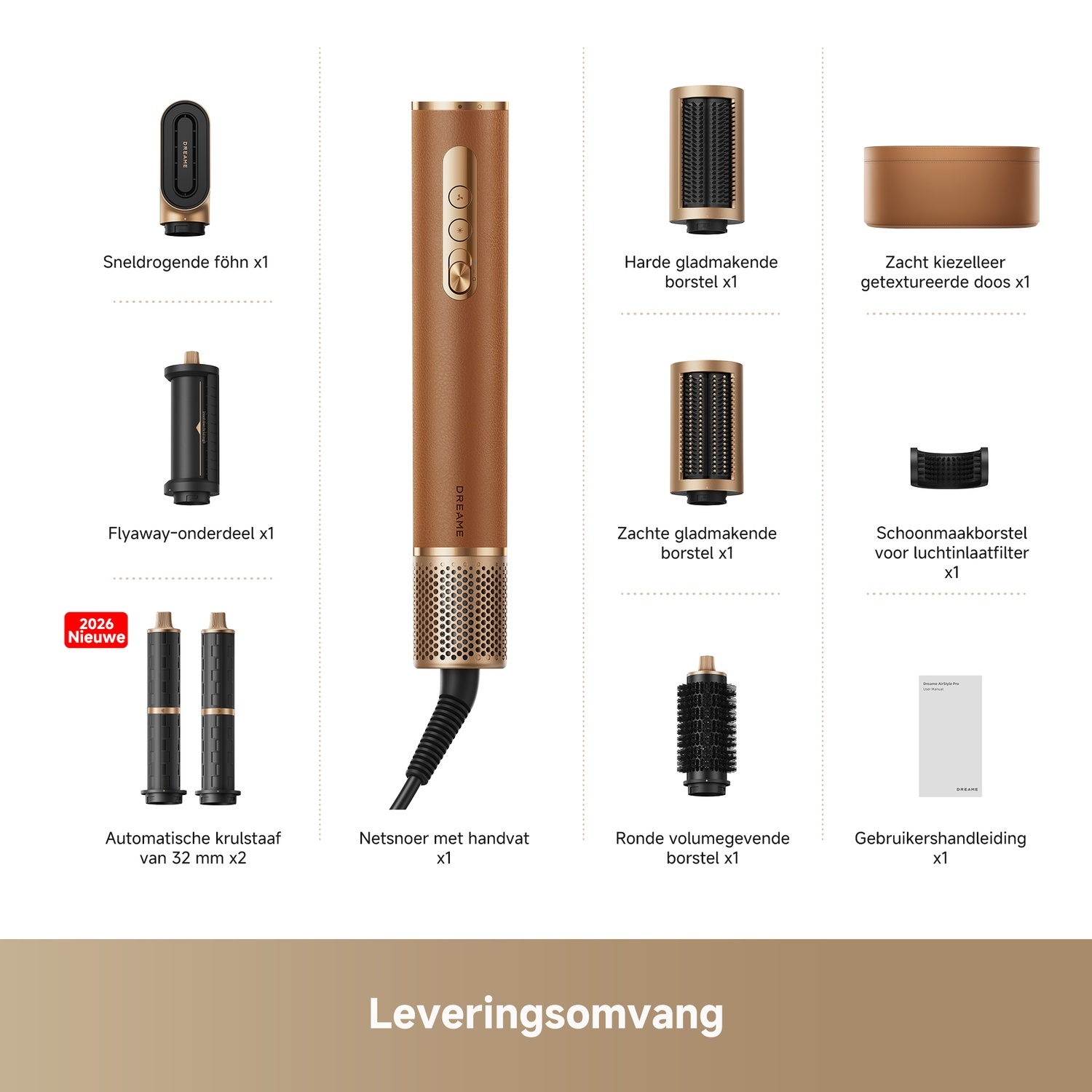 A hairdryer, flyaway attachment, two curling barrels, power cord, three brushes, a case, and manual.
