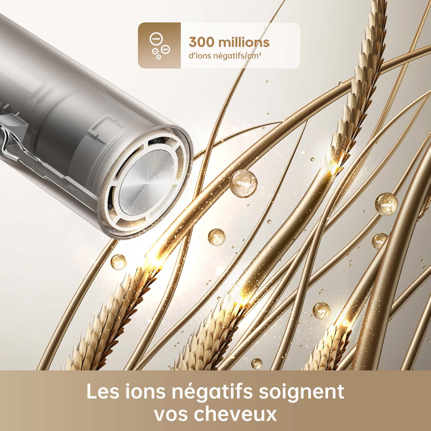 A hair dryer emits negative ions onto golden hair strands, promoting care.
