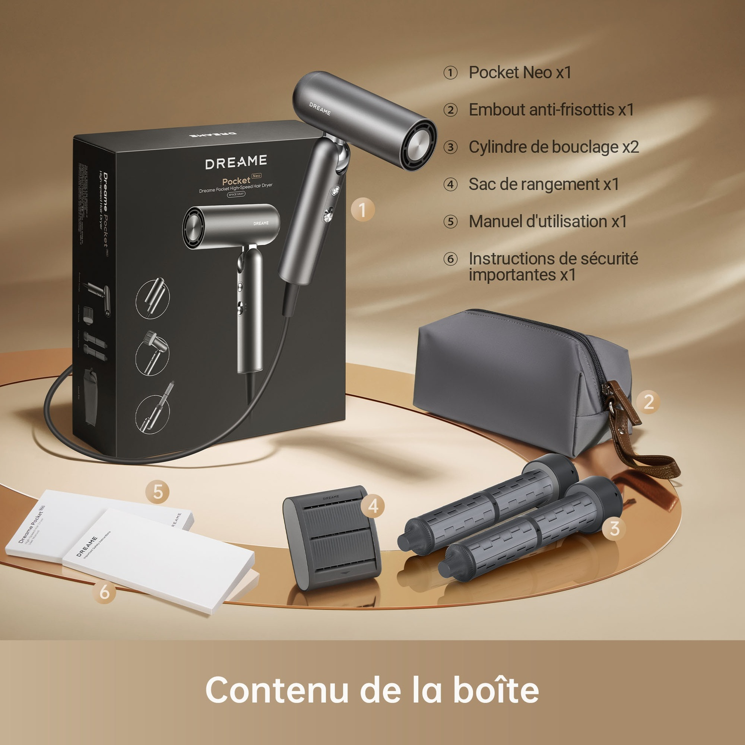 Hair dryer box contents: dryer, attachments, bag, and manuals displayed.