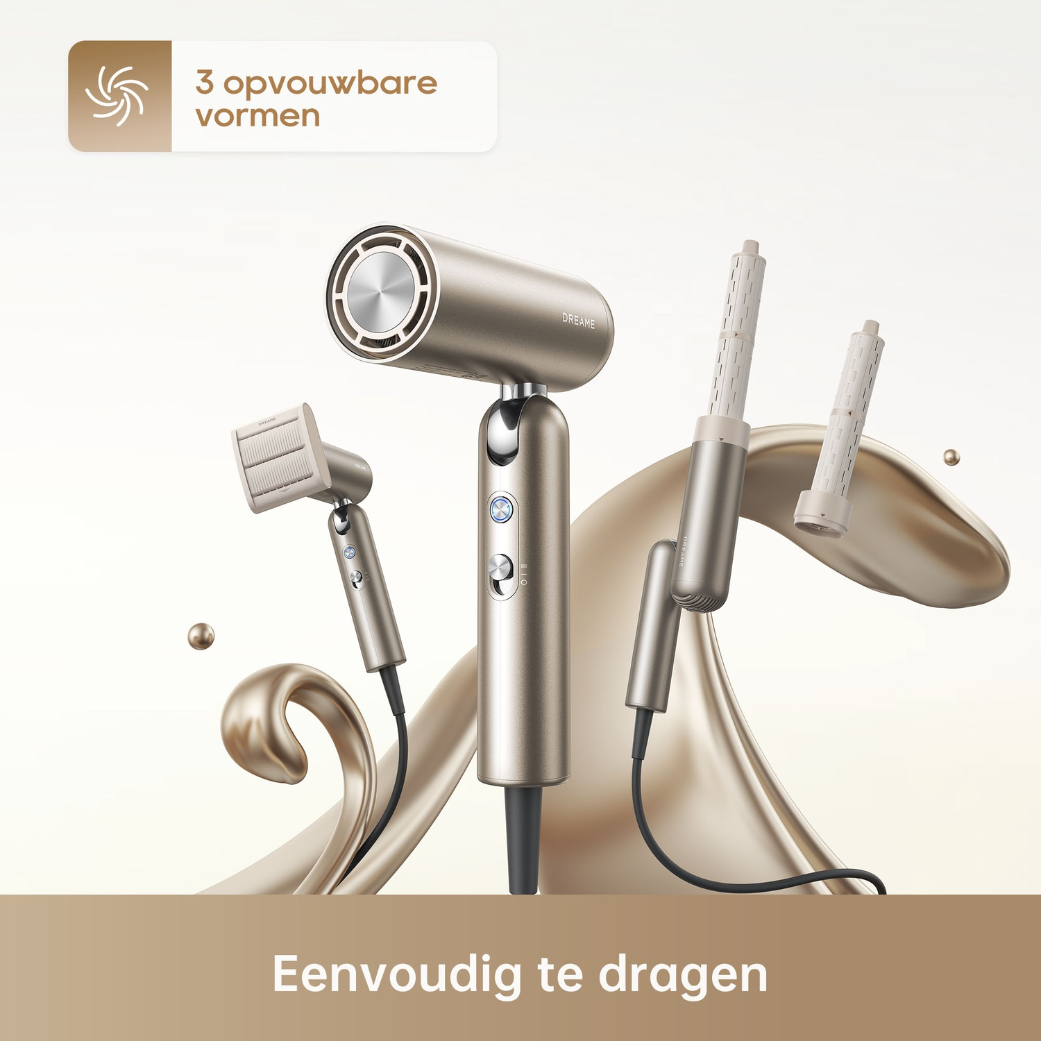 A gold hair dryer with three attachments, presented on silky fabric.