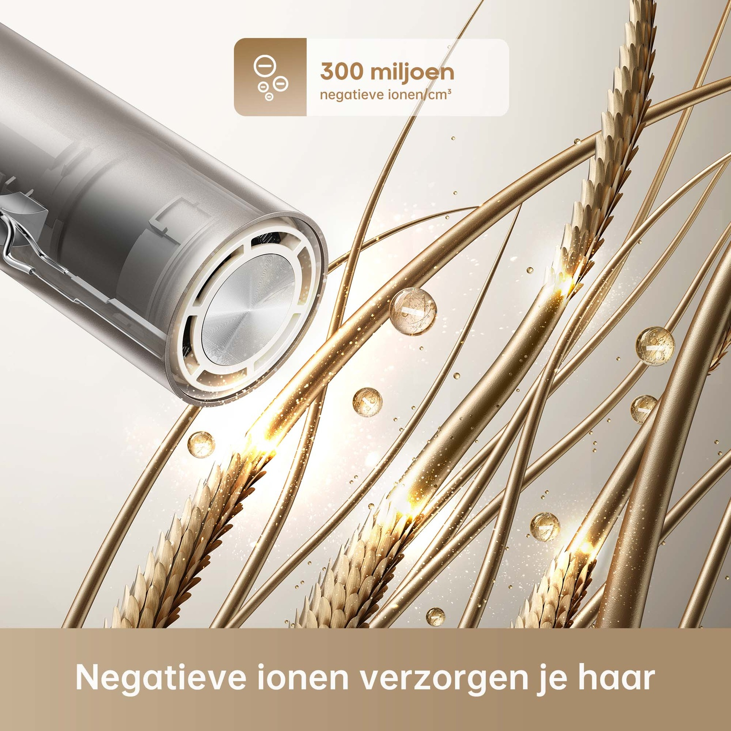 Hair dryer and golden hair with 300 million negative ions per cm³.