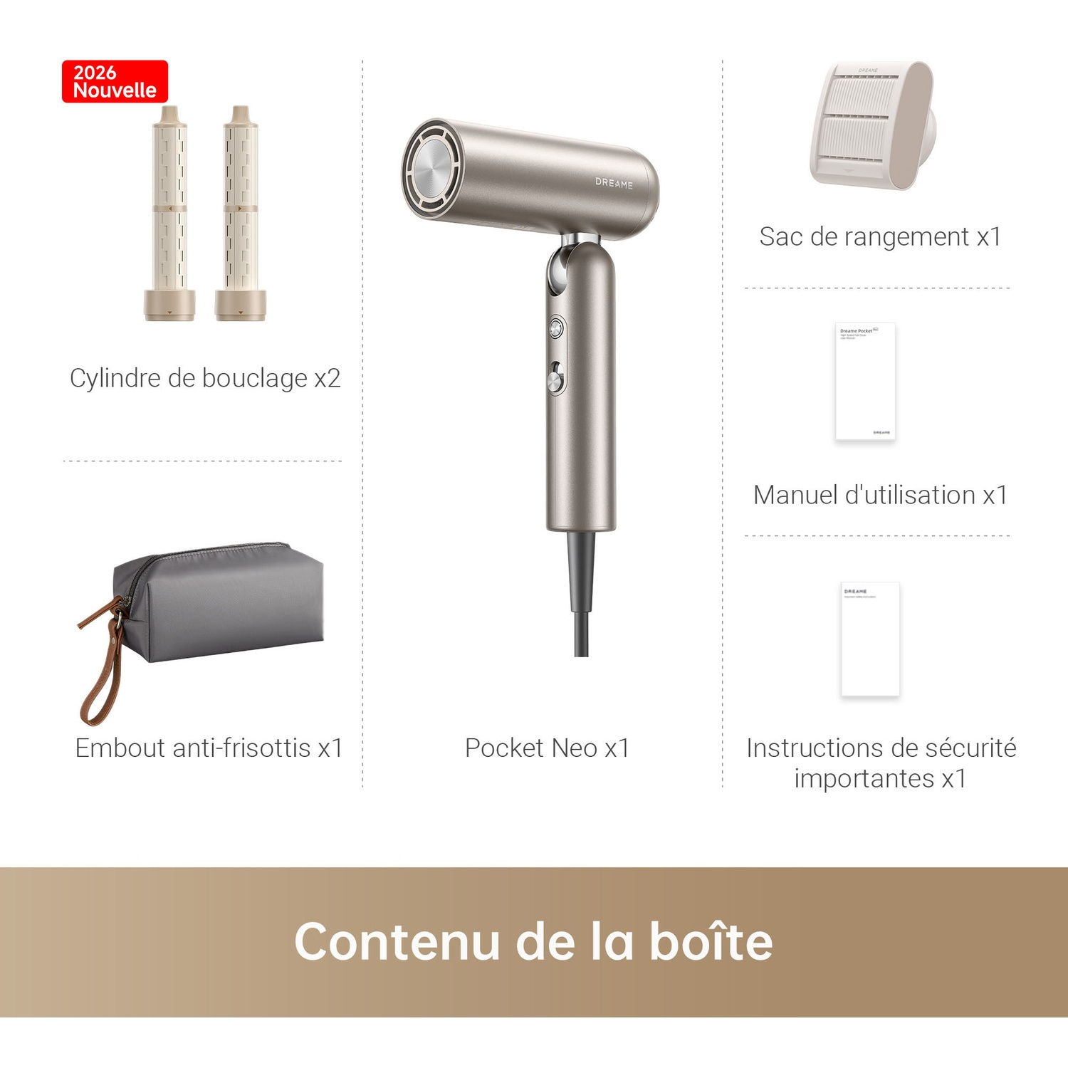 Box contents: Hair dryer, 2 curling attachments, pouch, storage bag, manuals.