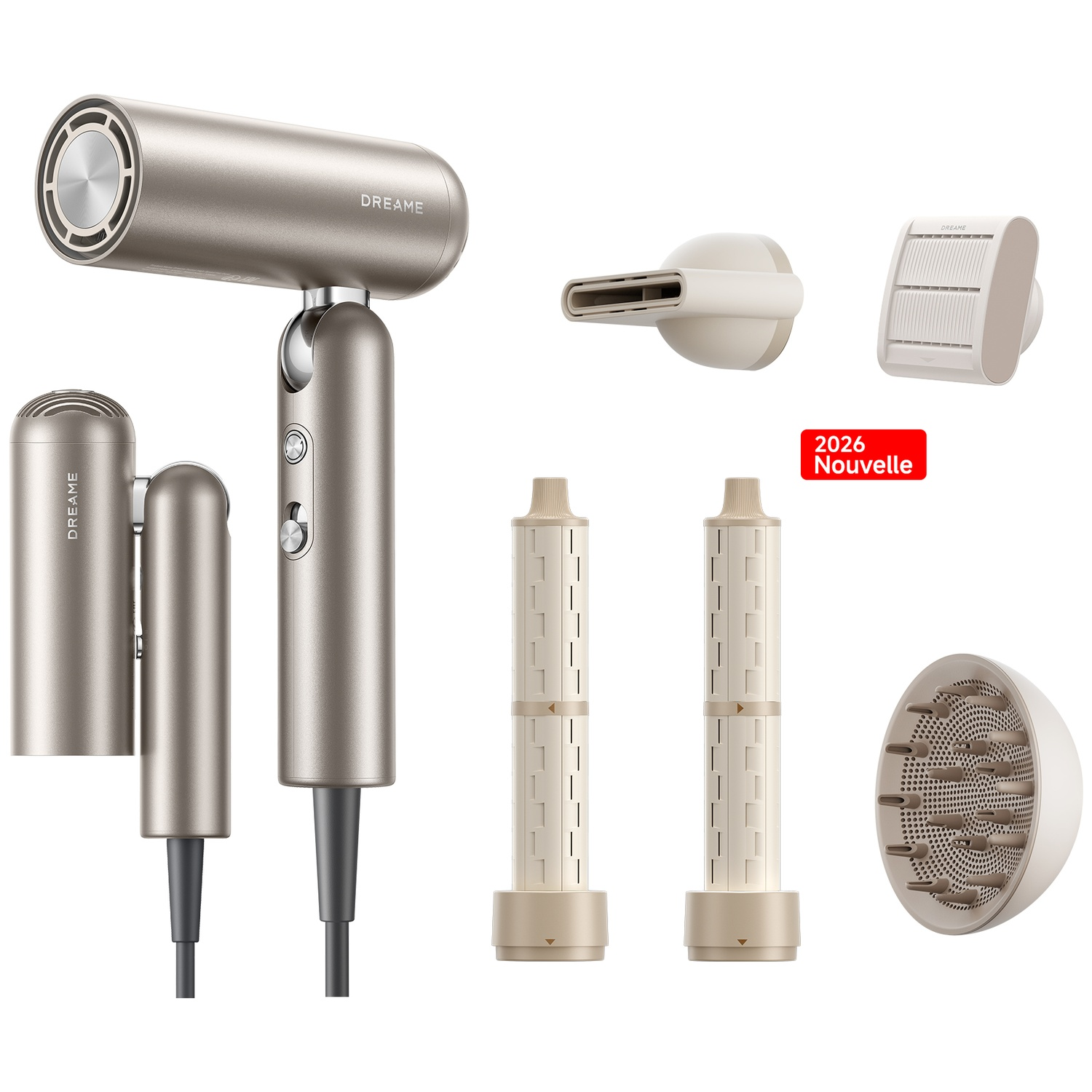 Sèche-cheveux gris et ses accessoires : diffuseur, embout et deux extensions.