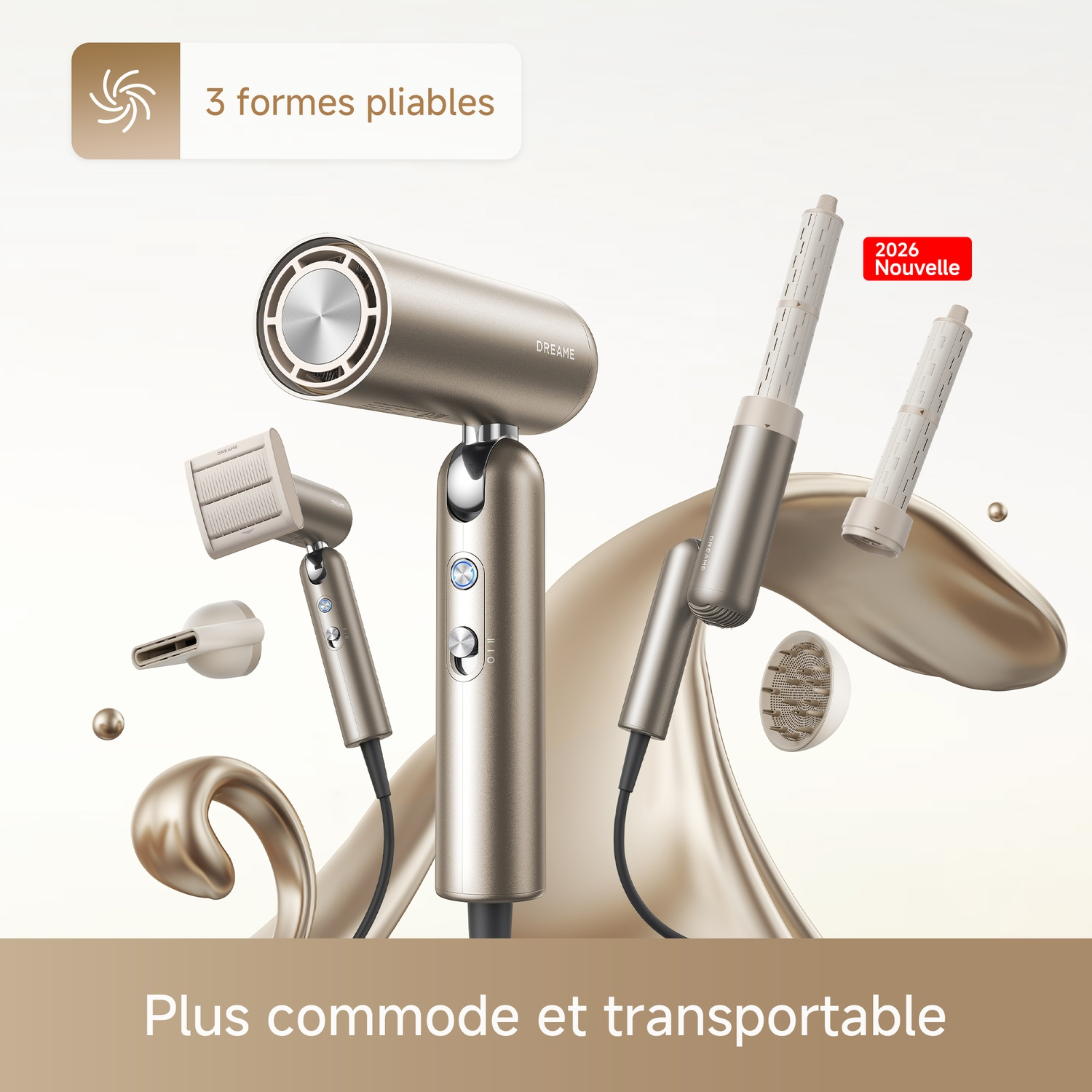 Sèche-cheveux doré avec accessoires et nouvelle fonction affichée.