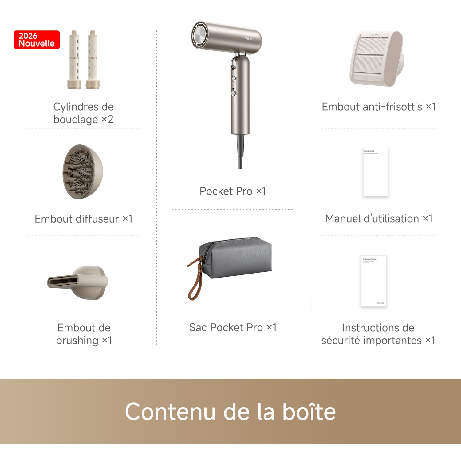 Contenu de la boîte : Sèche-cheveux, cylindres, diffuseur, embout brushing, pochette.