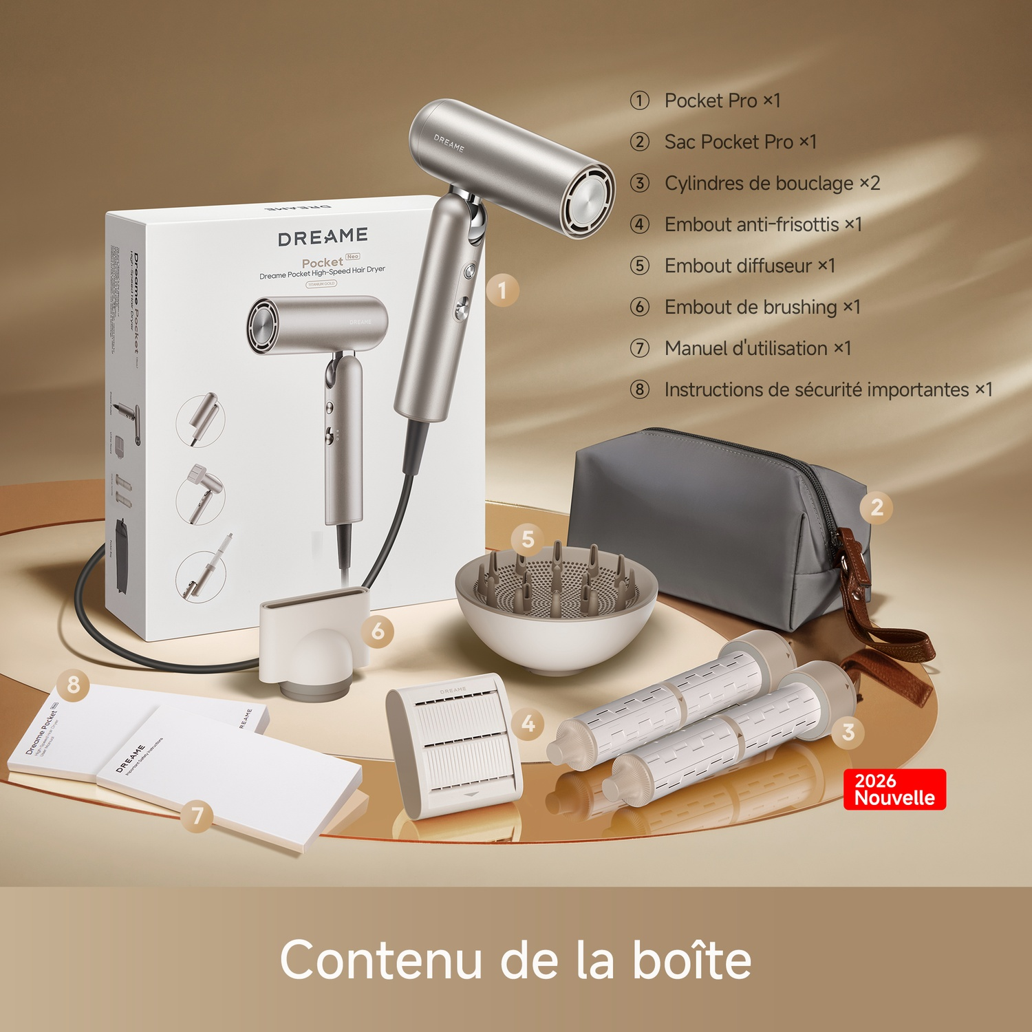 Un sèche-cheveux argenté avec accessoires : diffuseur, embouts, sac et manuel.
