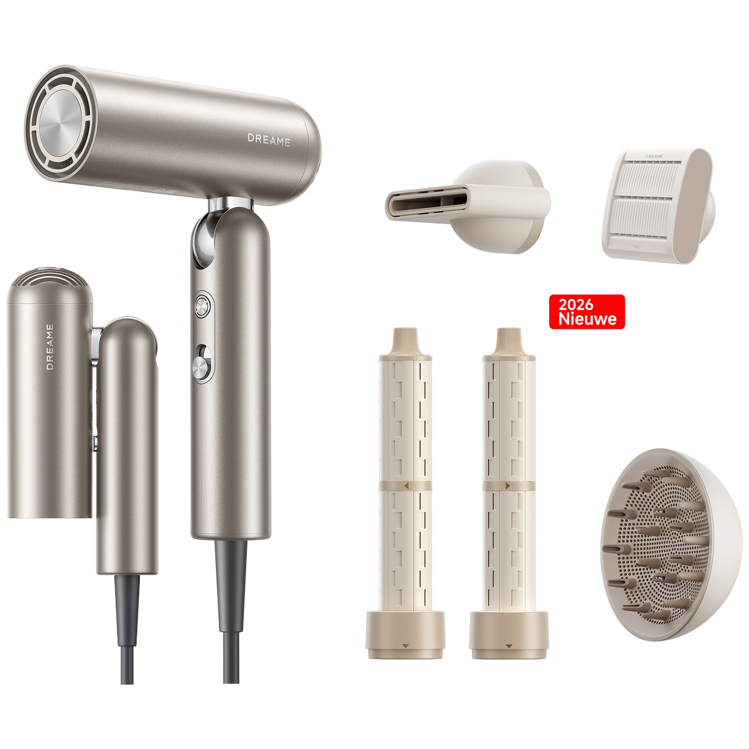 Een zilveren haardroger met accessoires, waaronder mondstukken en diffusers.