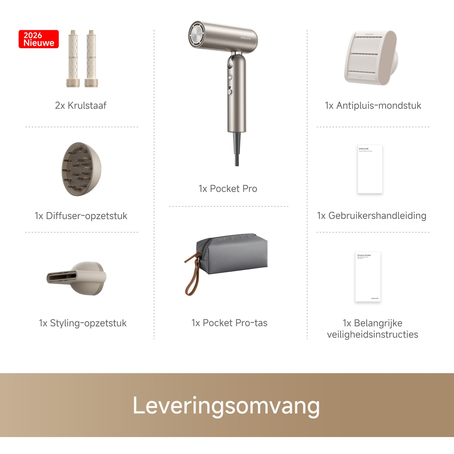 Zilveren föhn met accessoires: 2 krulopzetstukken, diffuser, stylingopzetstuk, tas, antipluisopzetstuk, handleiding.