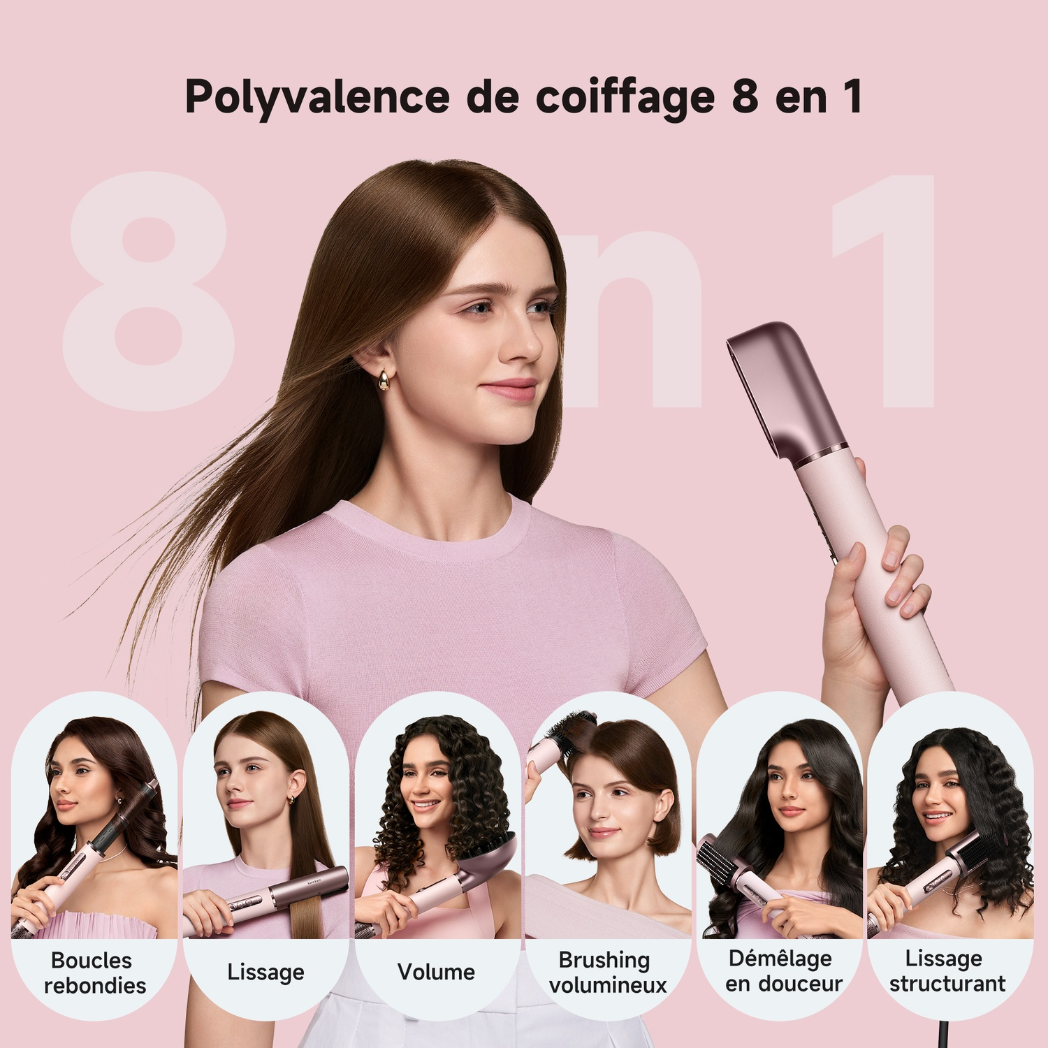 Femme tenant un appareil rose de coiffage 8 en 1.