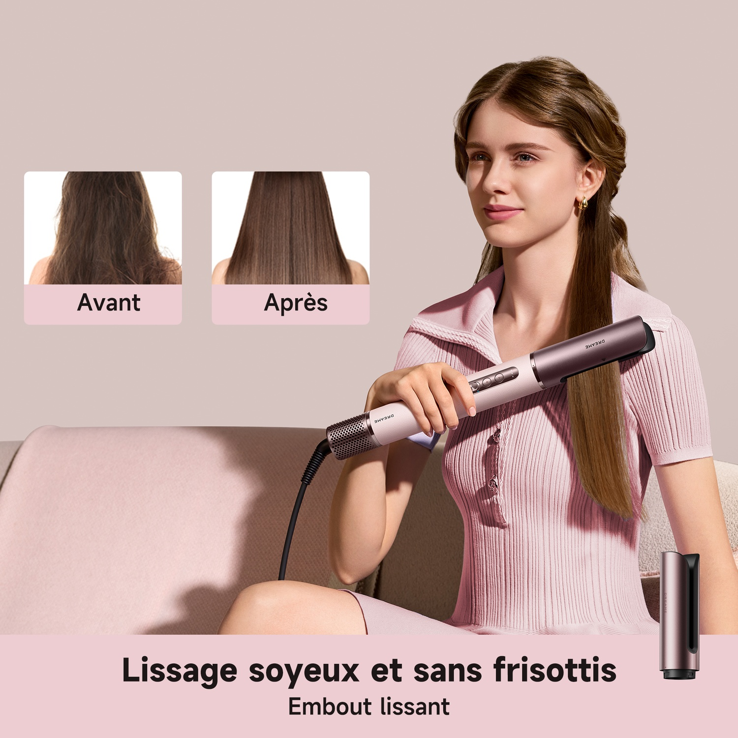 Femme aux cheveux lisses tient un outil de coiffage. Photos avant/après montrent cheveux lisses.