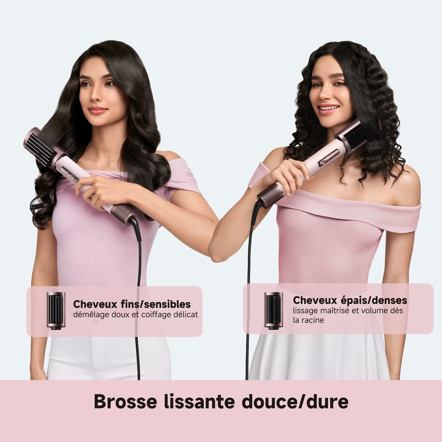 Deux femmes avec des brosses coiffantes, une pour cheveux fins, une pour épais.