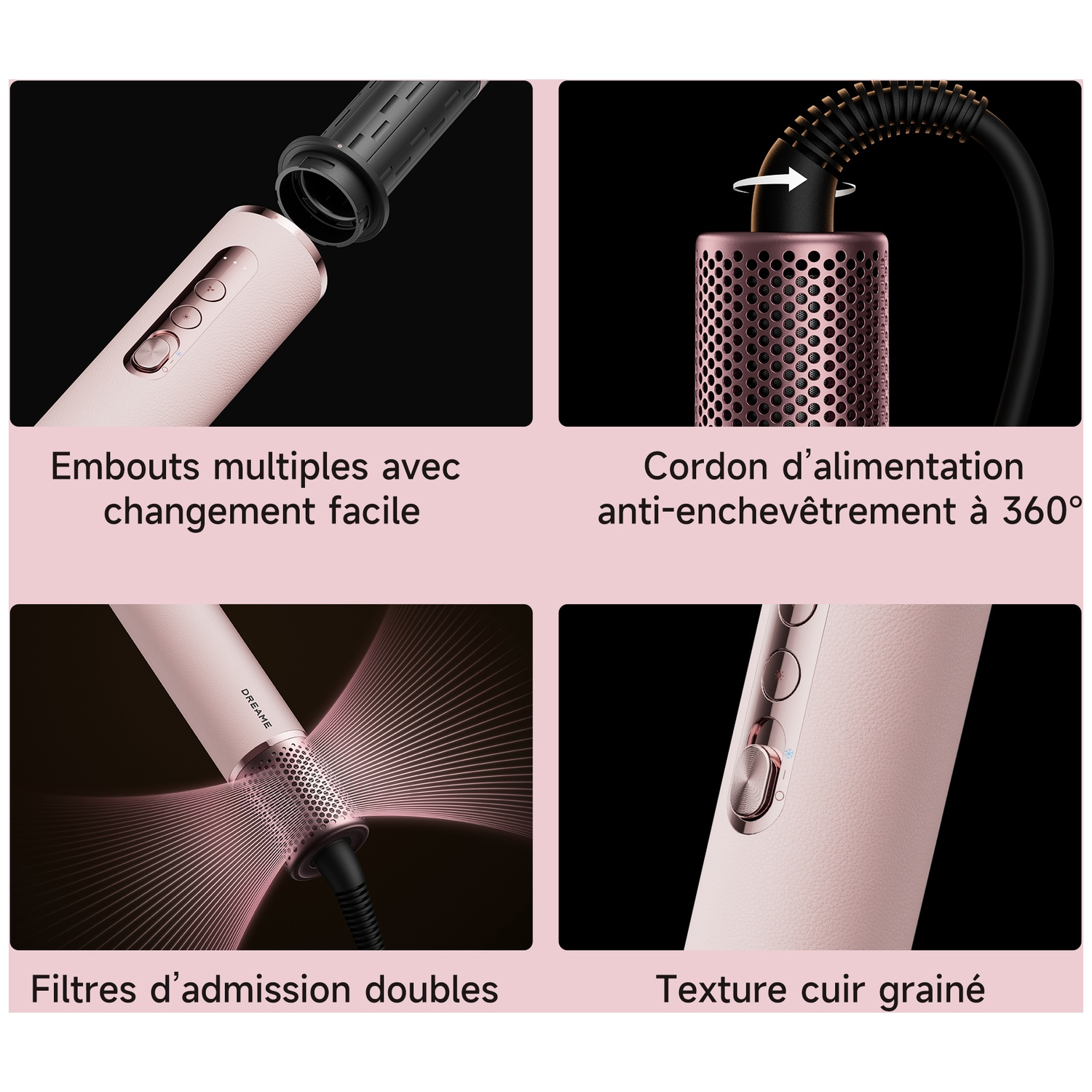 Un set de sèche-cheveux or rose avec plusieurs embouts et fonctions.