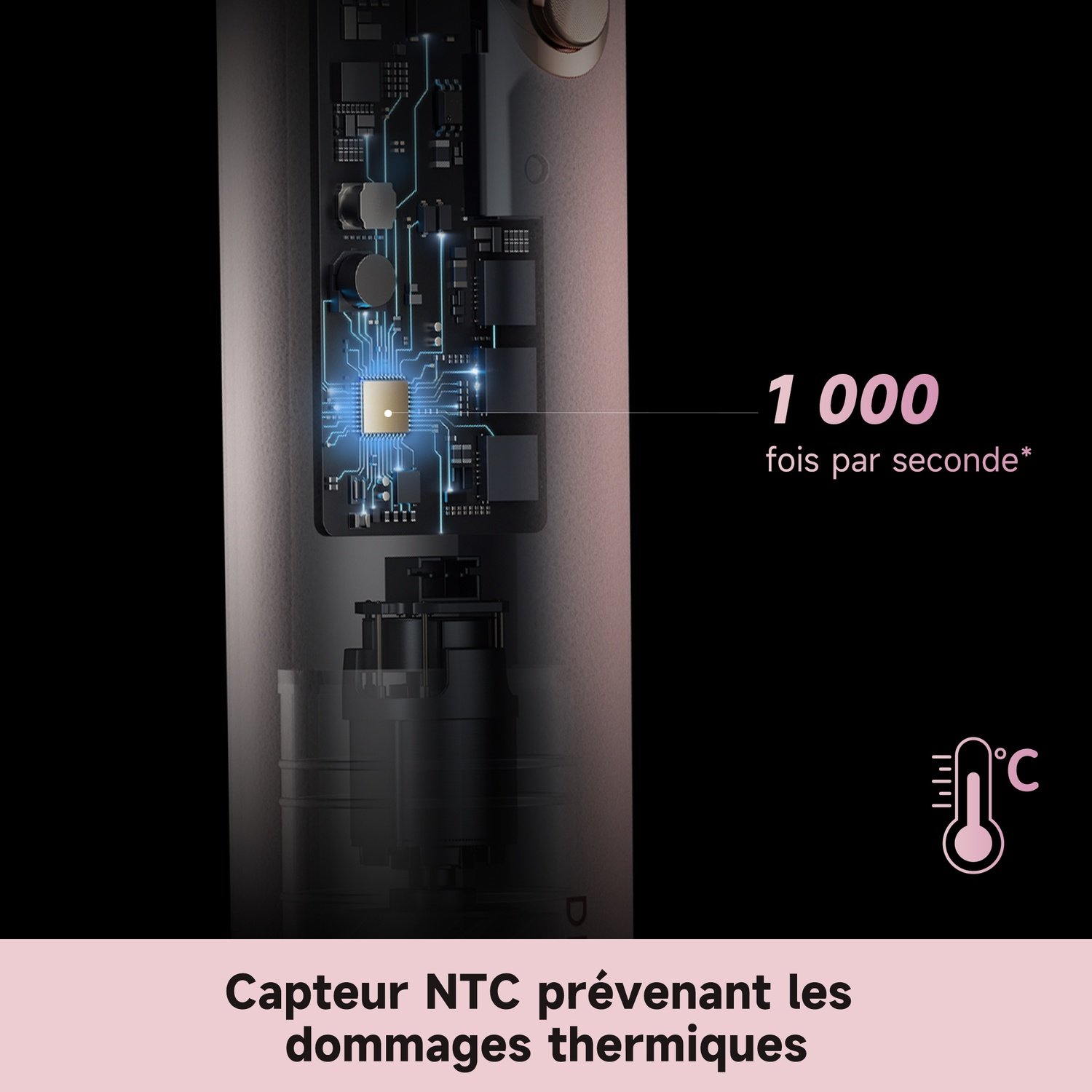 Circuit imprimé avec CPU, 1000 lectures/sec, icône thermomètre.