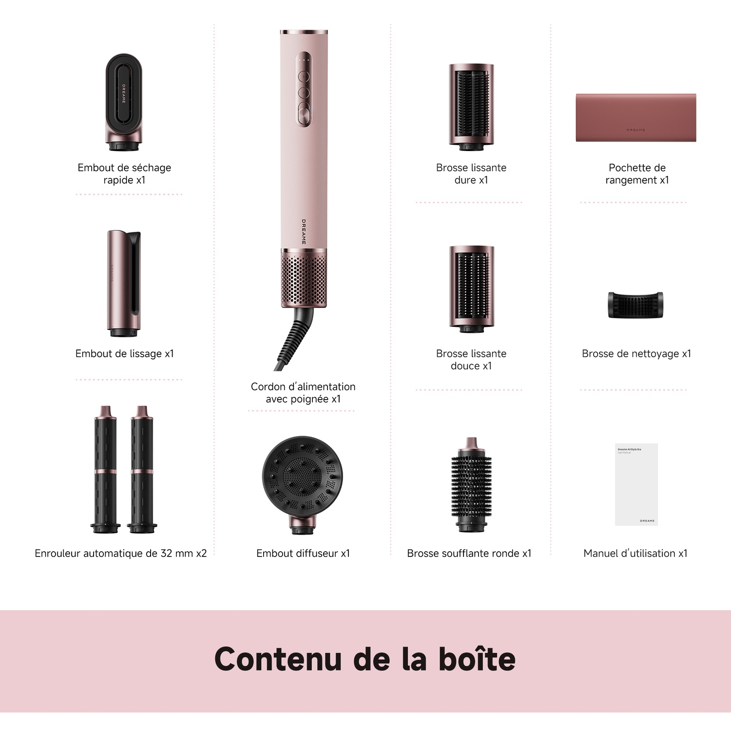Plusieurs accessoires de coiffage, un appareil principal et une pochette.