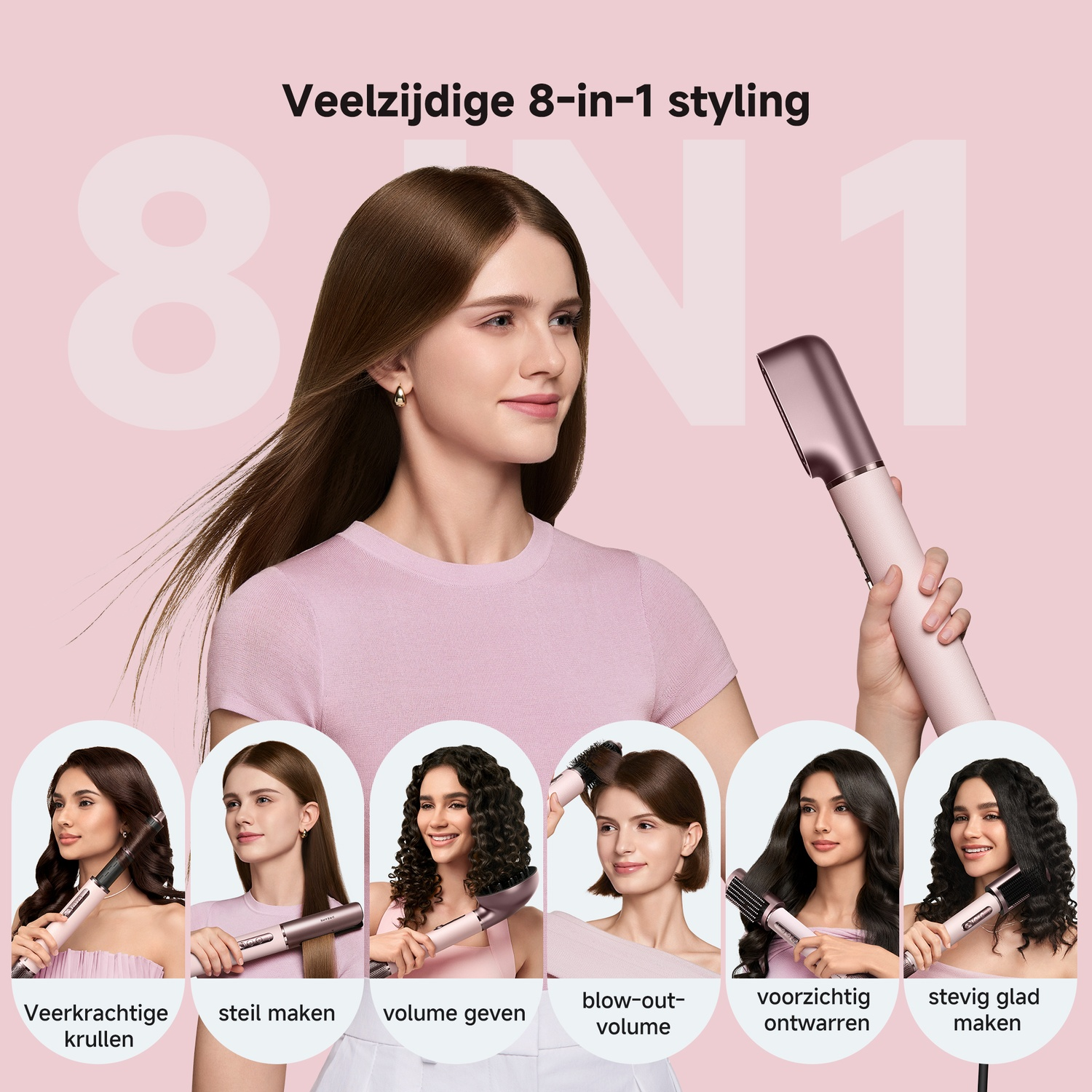 Woman holds 8-in-1 hair styler. Multiple women display different hairstyles.
