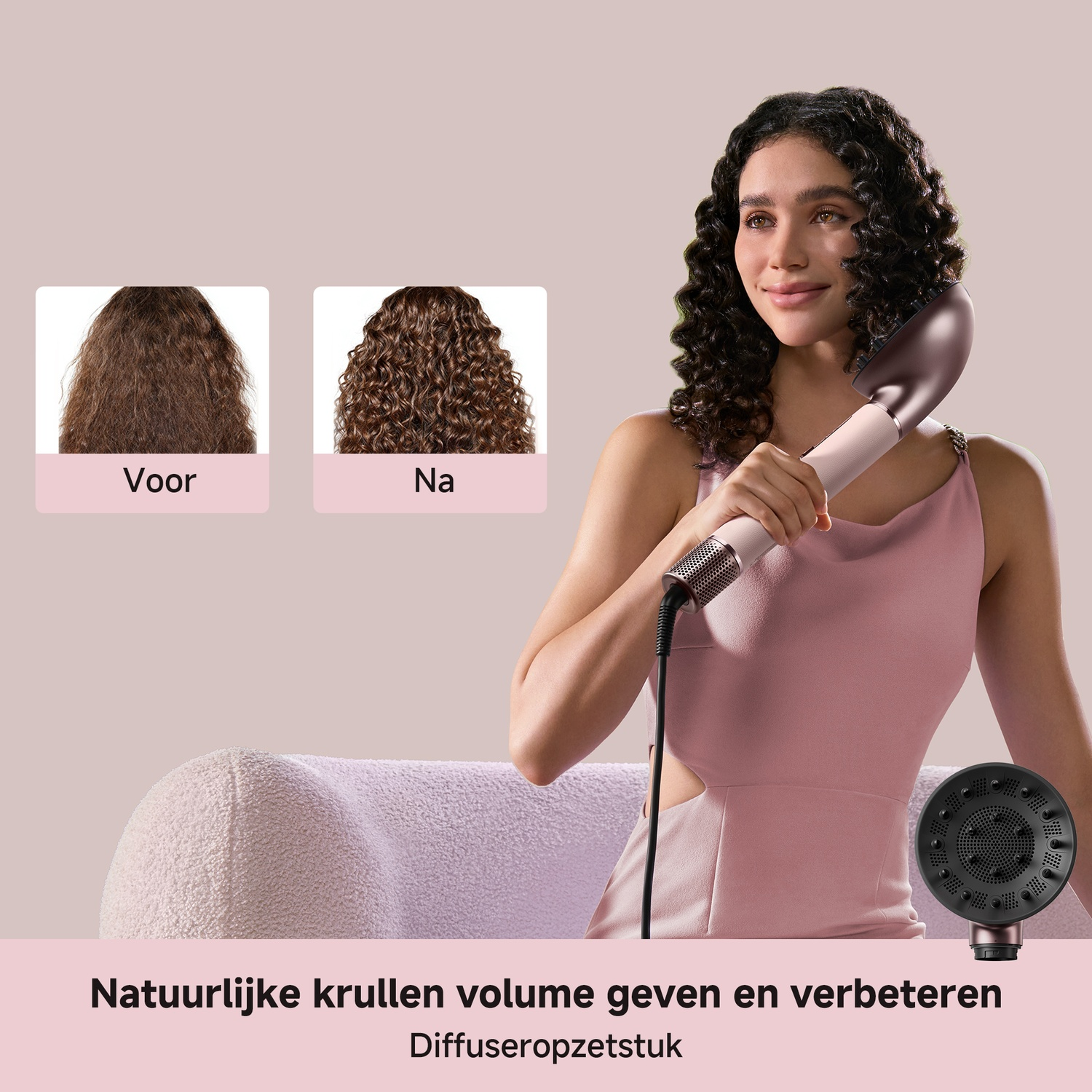 Woman with curly hair and hair dryer diffuser, before/after comparison.