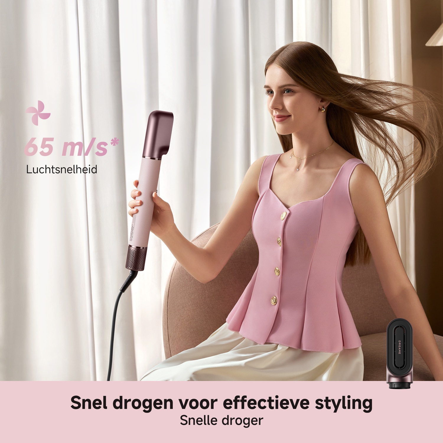 Woman with pink hair dryer and flowing hair, air speed 65 m/s.