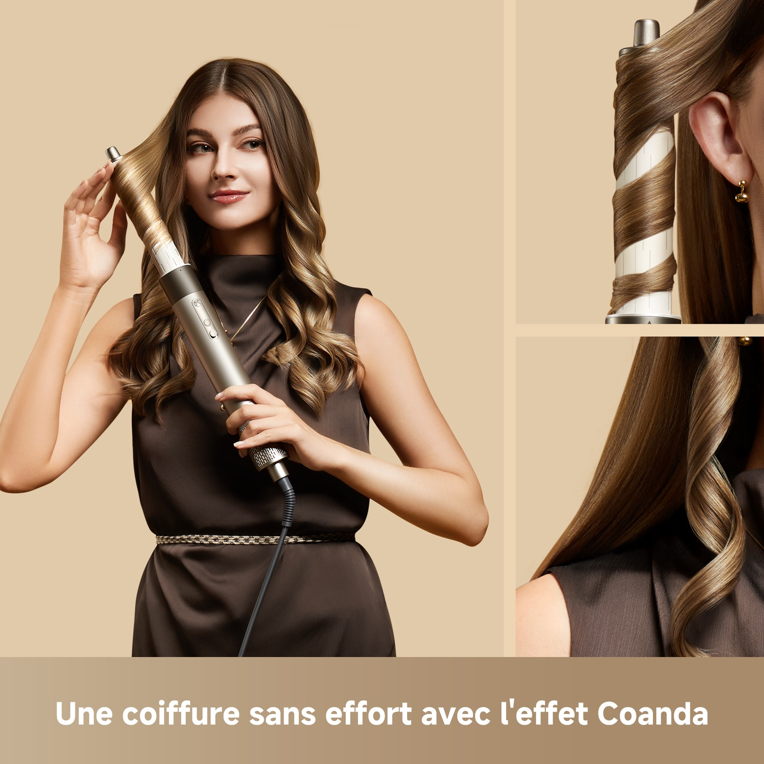 Femme aux cheveux bruns se coiffe avec un boucleur argenté.