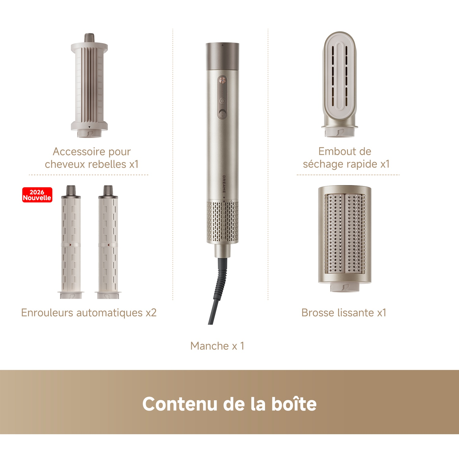 Un set de coiffage avec manche, accessoires pour cheveux rebelles, bigoudis et brosse.