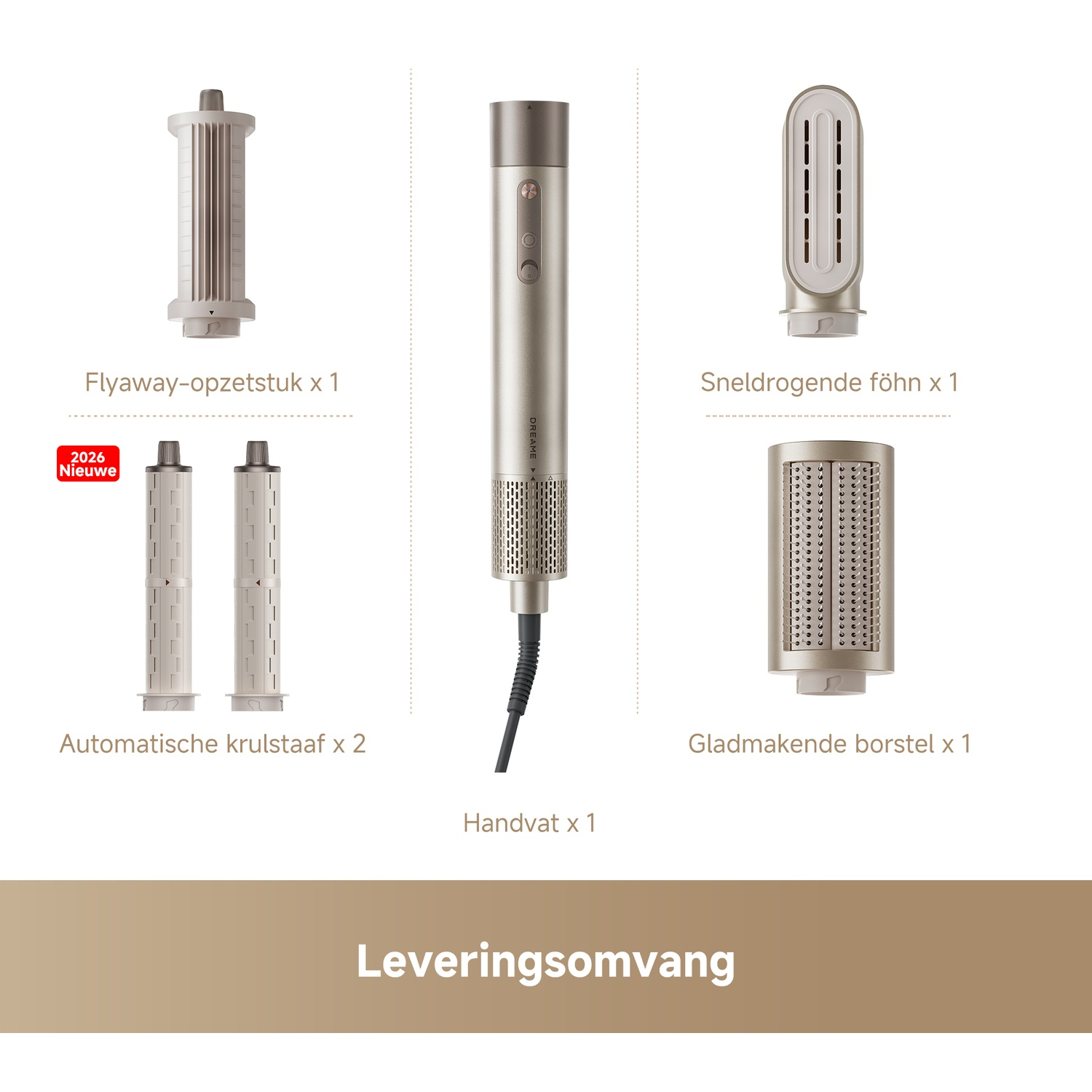 A device with attachments: smoothing brush, dryer, curlers, and flyaway attachment.