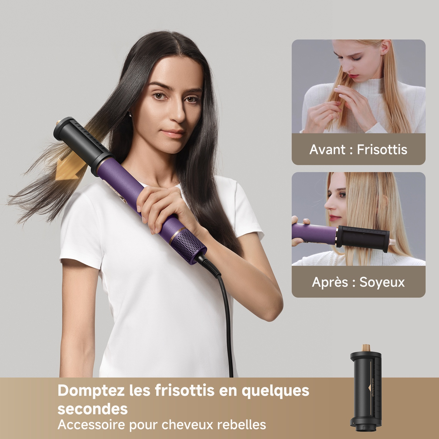 Femme coiffant ses cheveux avec appareil violet, avant/après.