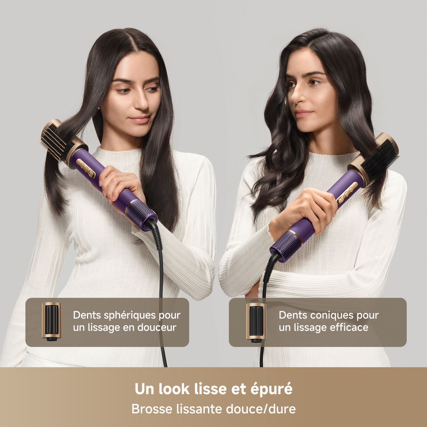 Deux femmes se coiffent avec un lisseur violet.