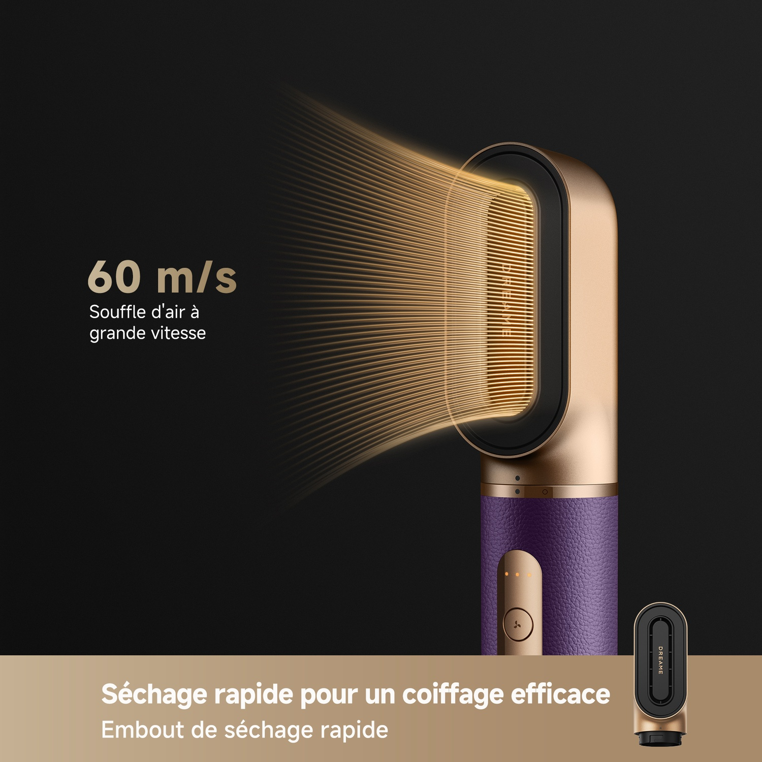 Un sèche-cheveux doré à manche violet émet de l'air. 60 m/s.