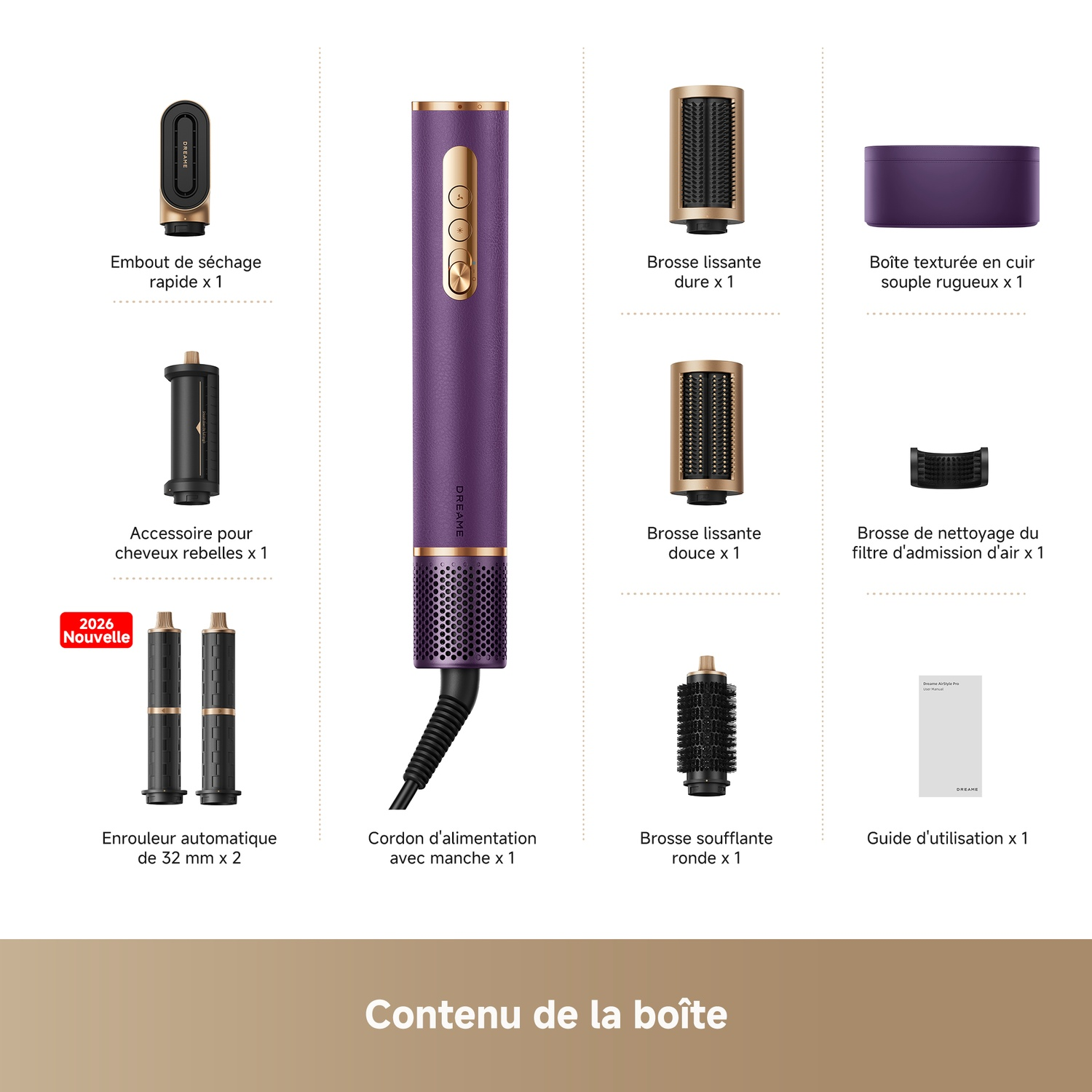 Contenu de la boîte : appareil à cheveux violet, accessoires, brosses, étui et manuel.